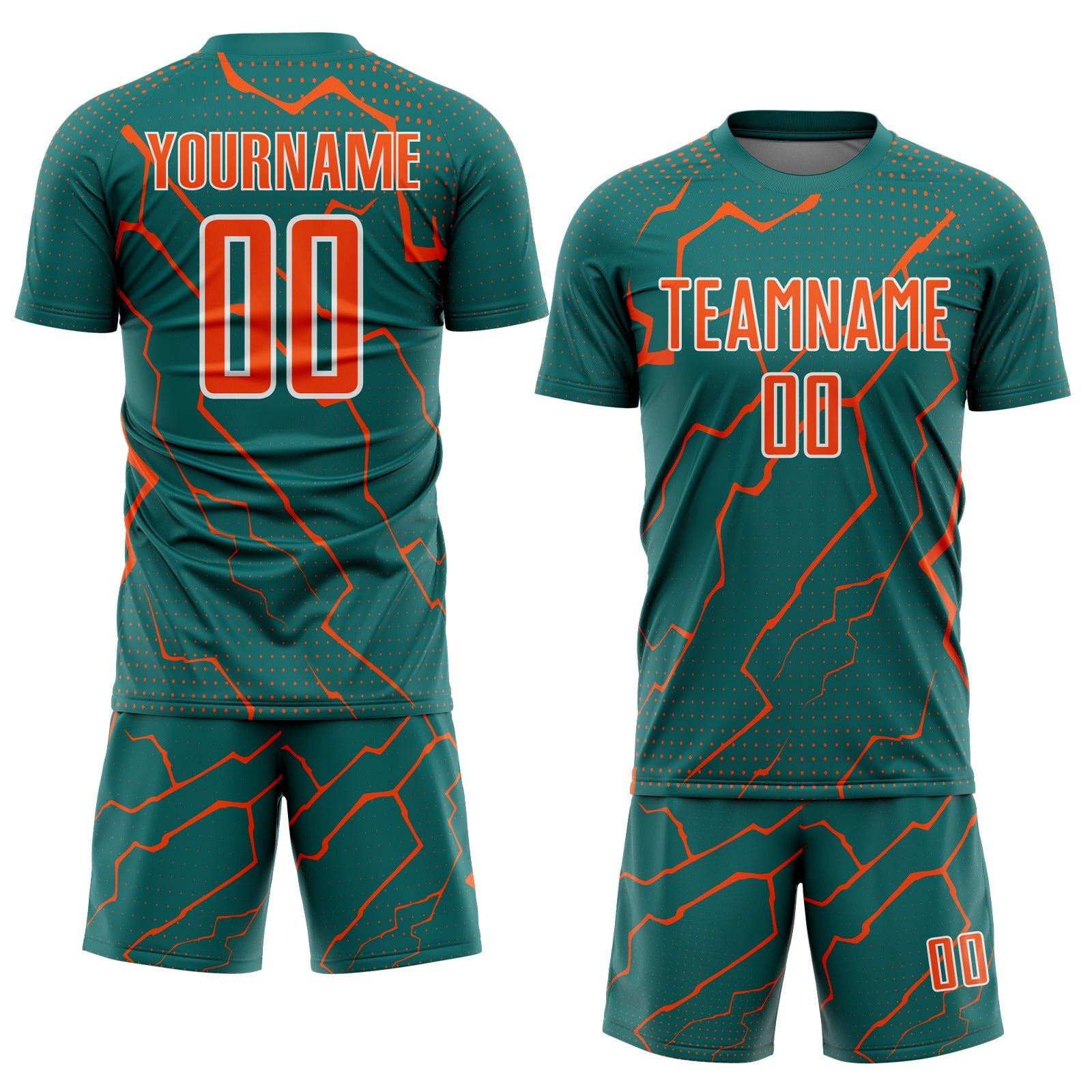 Custom Teal Orange-White Lightning Sports Sublimation Soccer Uniform Jersey view 2