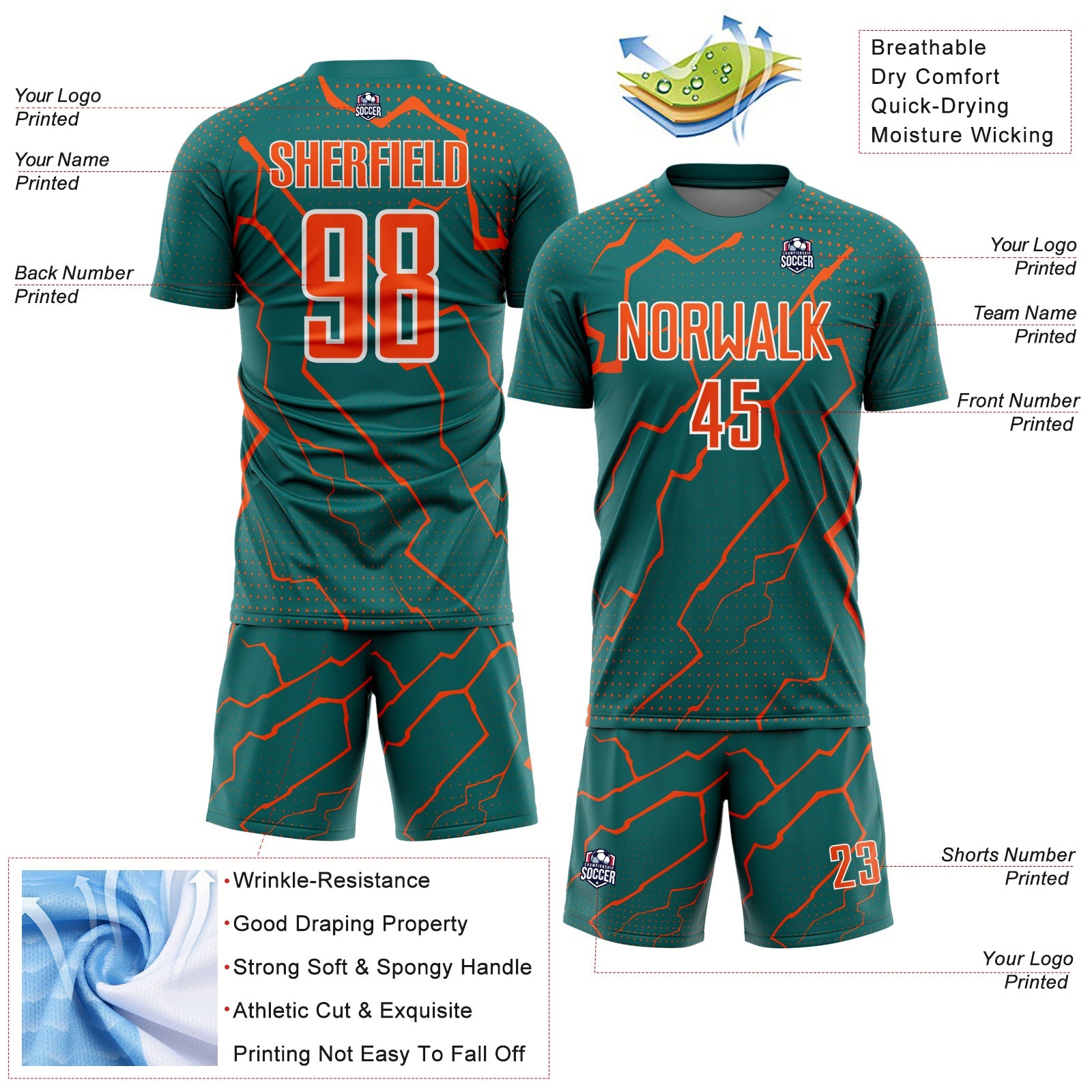 Custom Teal Orange-White Lightning Sports Sublimation Soccer Uniform Jersey view 4