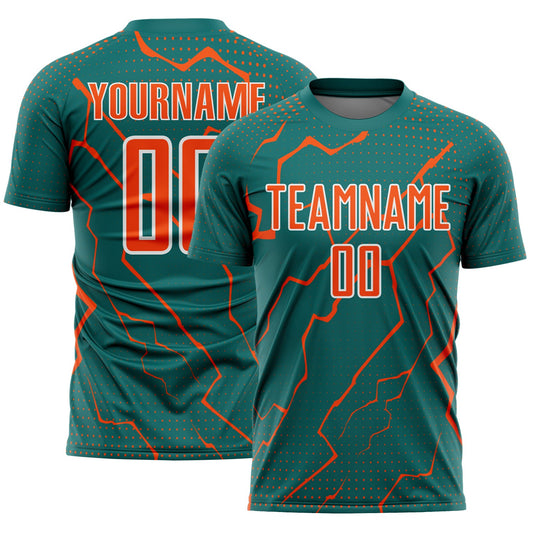 Custom Teal Orange-White Lightning Sports Sublimation Soccer Uniform Jersey - Main View