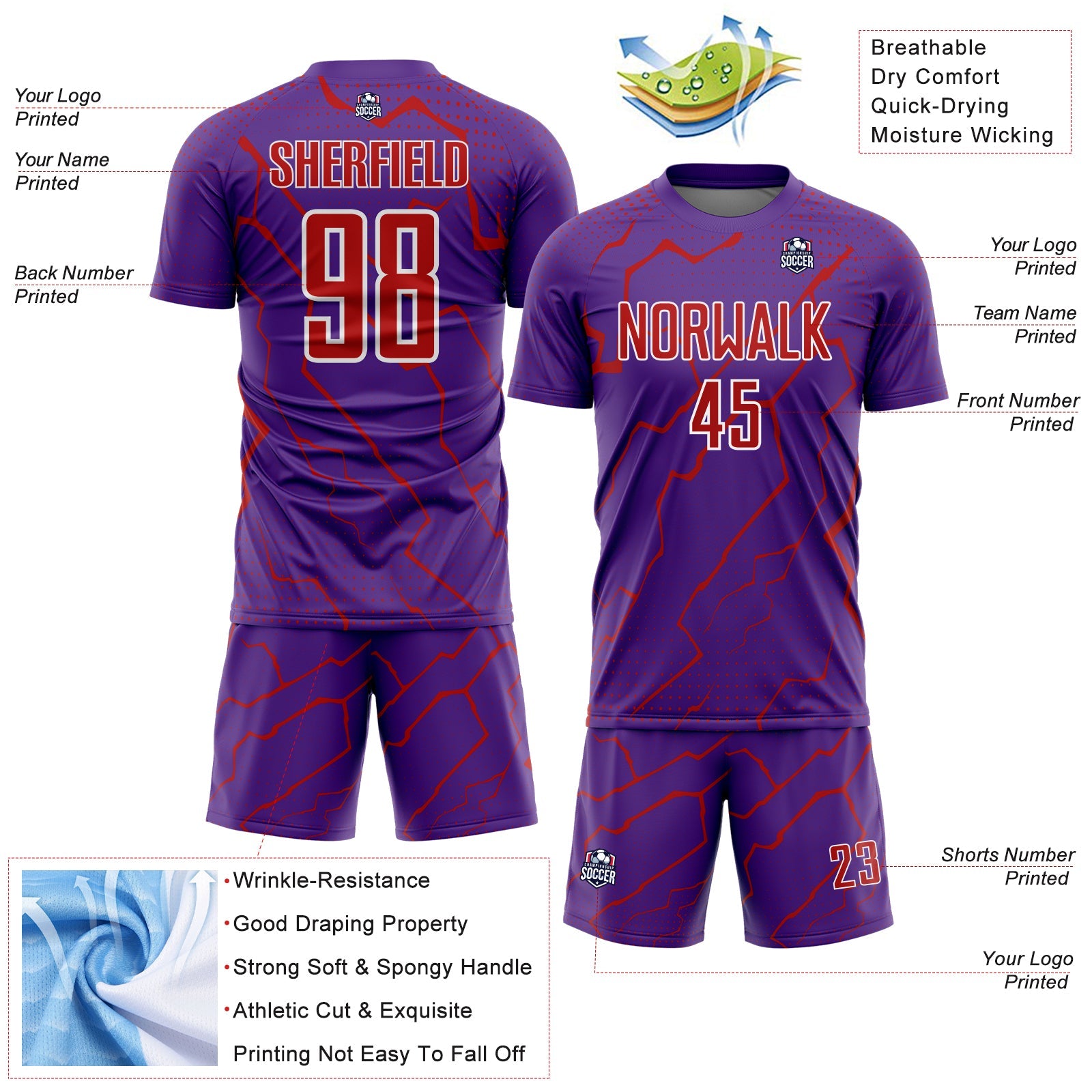 Custom Purple Red-White Lightning Sports Sublimation Soccer Uniform Jersey view 4