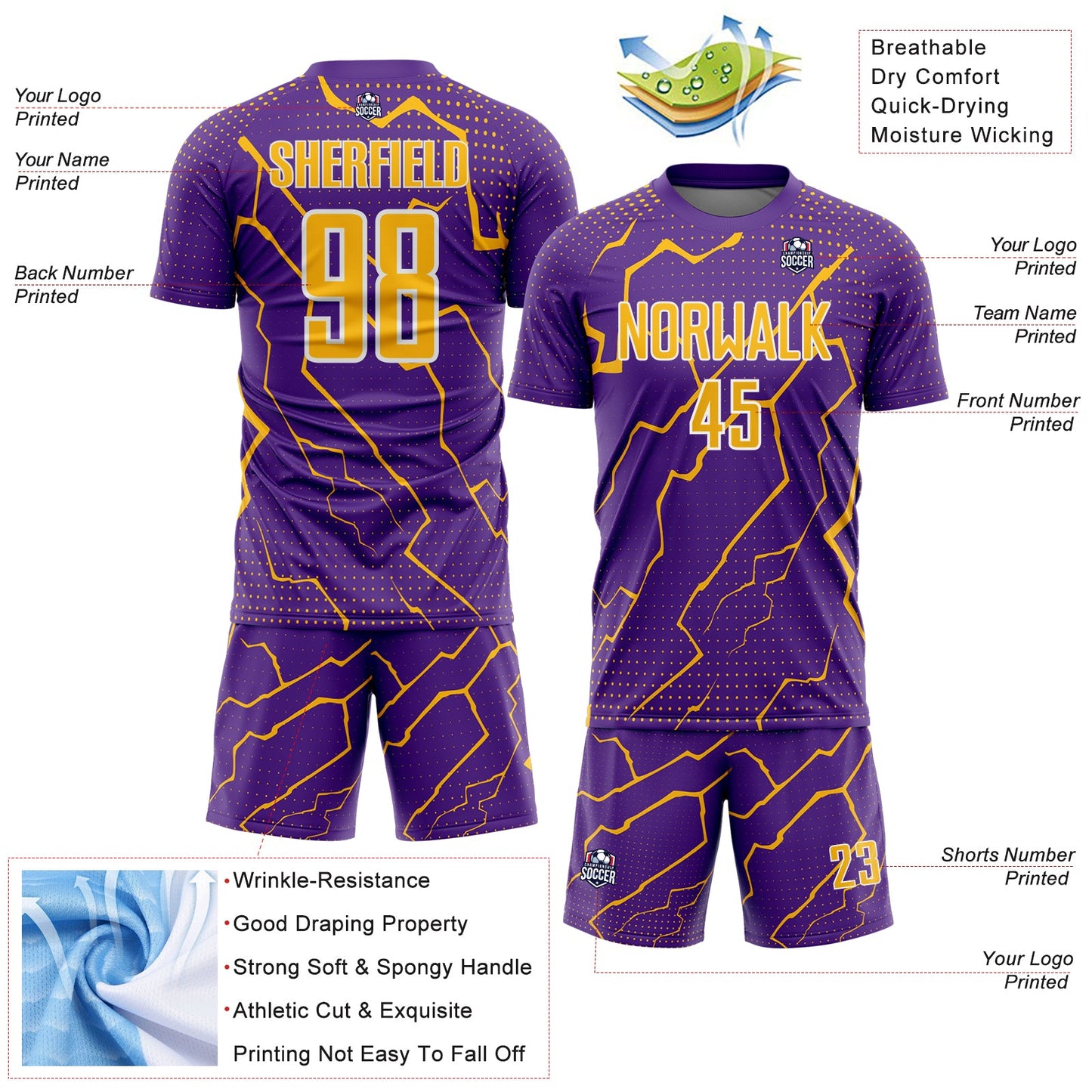 Custom Purple Gold-White Lightning Sports Sublimation Soccer Uniform Jersey view 4