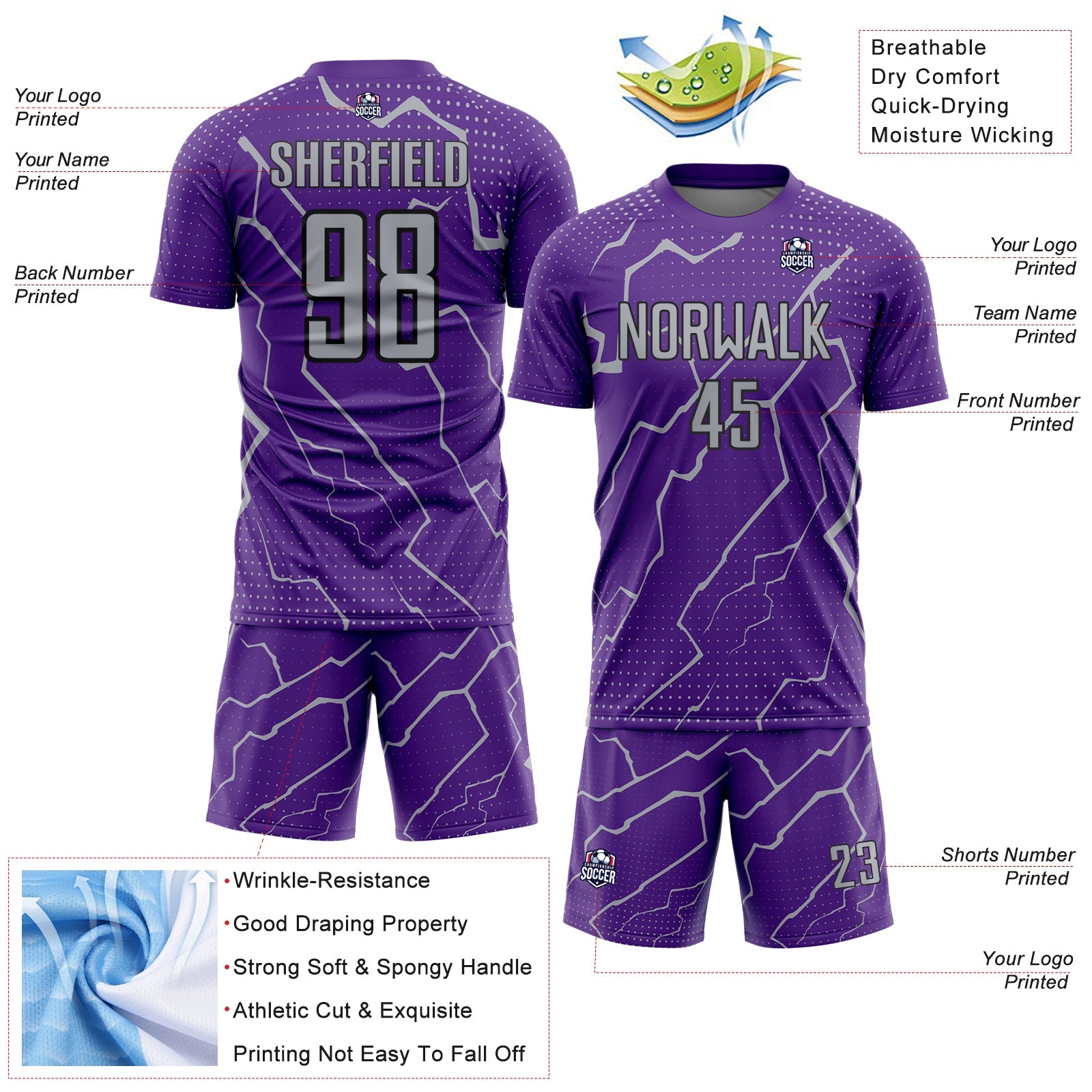 Custom Purple Gray-Black Lightning Sports Sublimation Soccer Uniform Jersey view 4