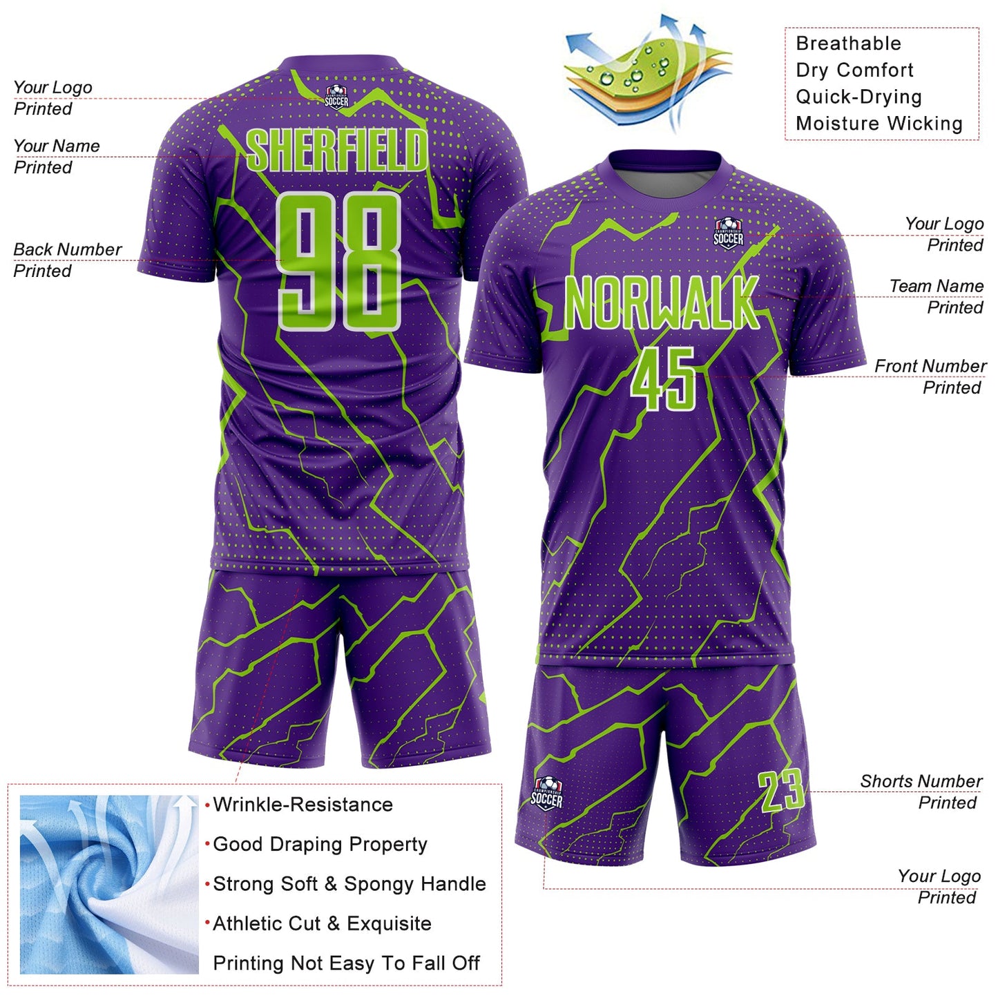 Custom Purple Neon Green-White Lightning Sports Sublimation Soccer Uniform Jersey view 4
