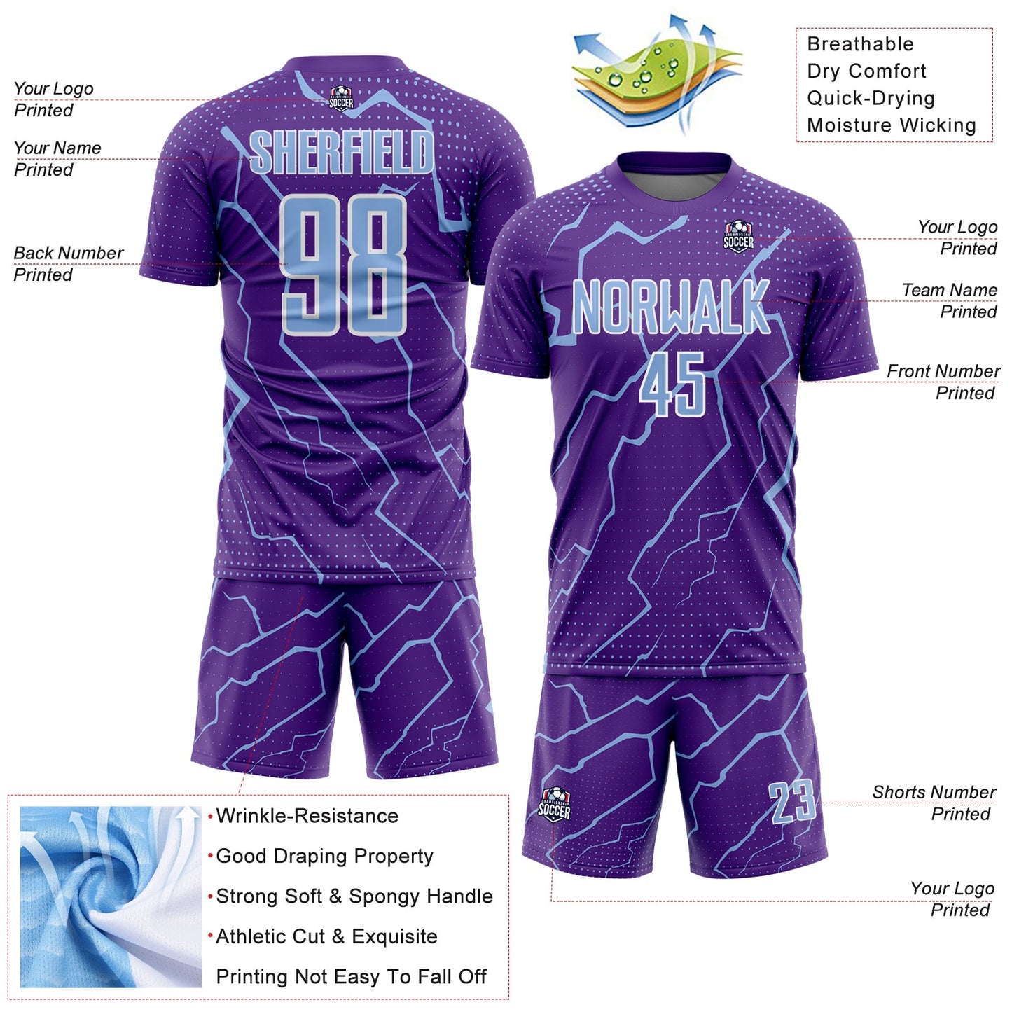 Custom Purple Light Blue-White Lightning Sports Sublimation Soccer Uniform Jersey view 4