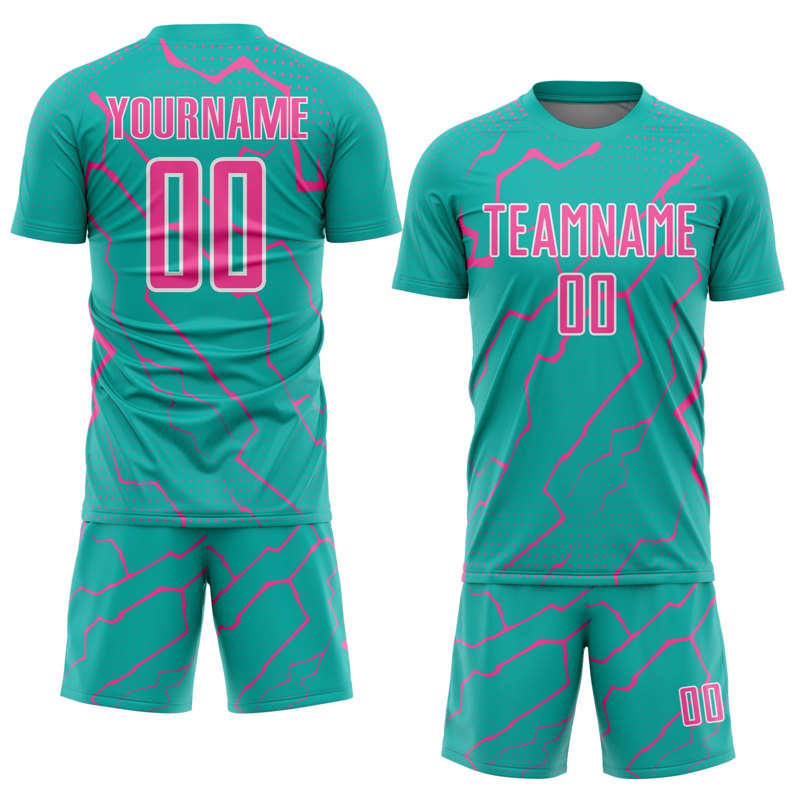 Custom Aqua Pink-White Lightning Sports Sublimation Soccer Uniform Jersey view 2