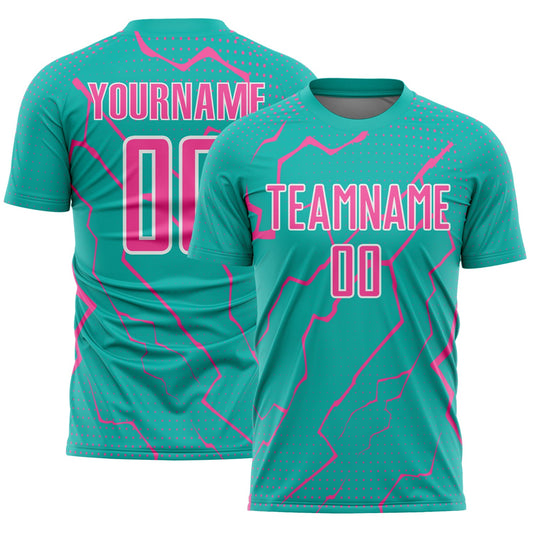 Custom Aqua Pink-White Lightning Sports Sublimation Soccer Uniform Jersey - Main View