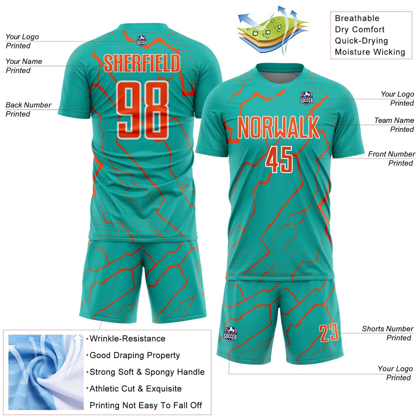 Custom Aqua Orange-White Lightning Sports Sublimation Soccer Uniform Jersey view 4