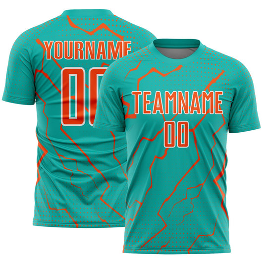 Custom Aqua Orange-White Lightning Sports Sublimation Soccer Uniform Jersey - Main View