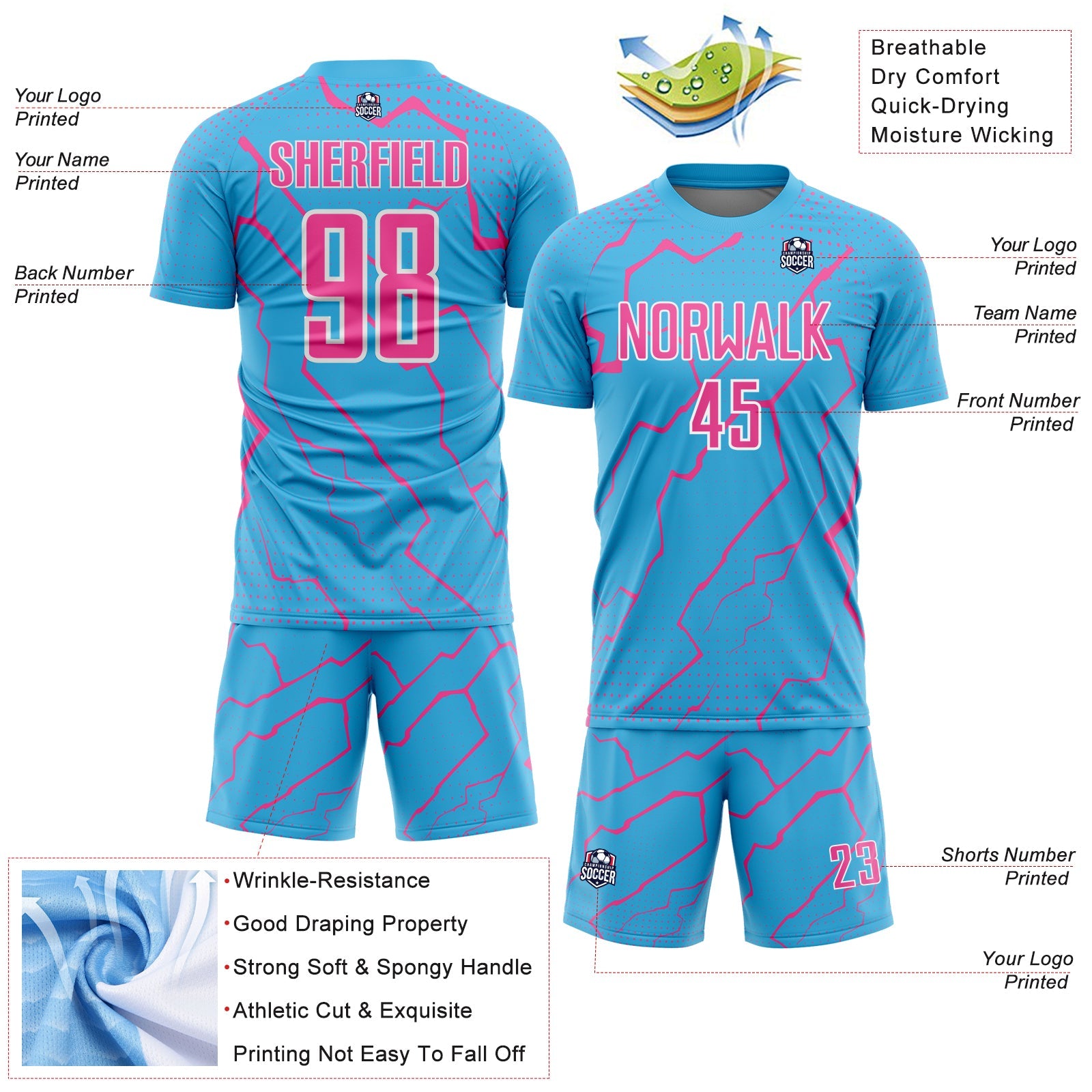 Custom Sky Blue Pink-White Lightning Sports Sublimation Soccer Uniform Jersey view 4