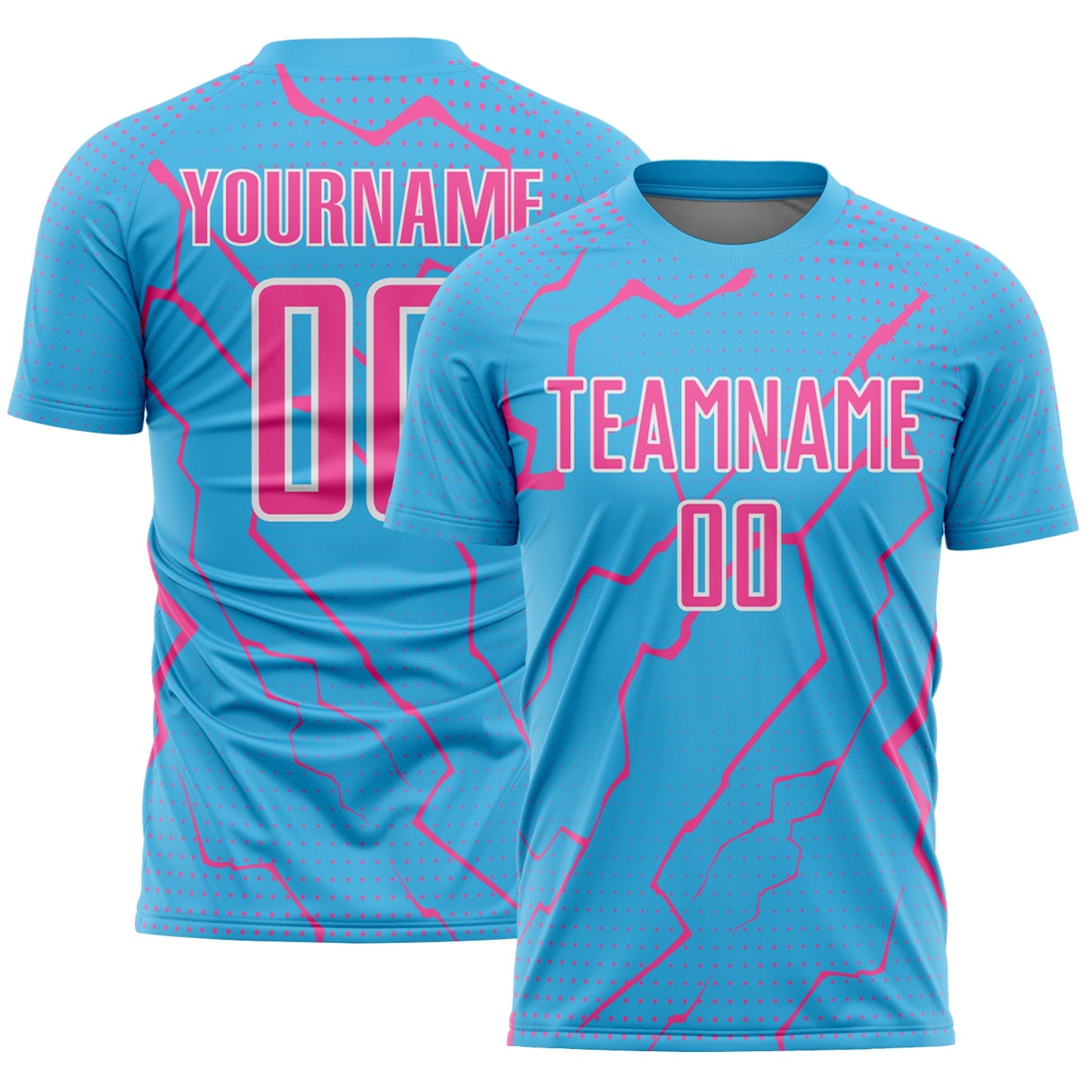 Custom Sky Blue Pink-White Lightning Sports Sublimation Soccer Uniform Jersey - Main View