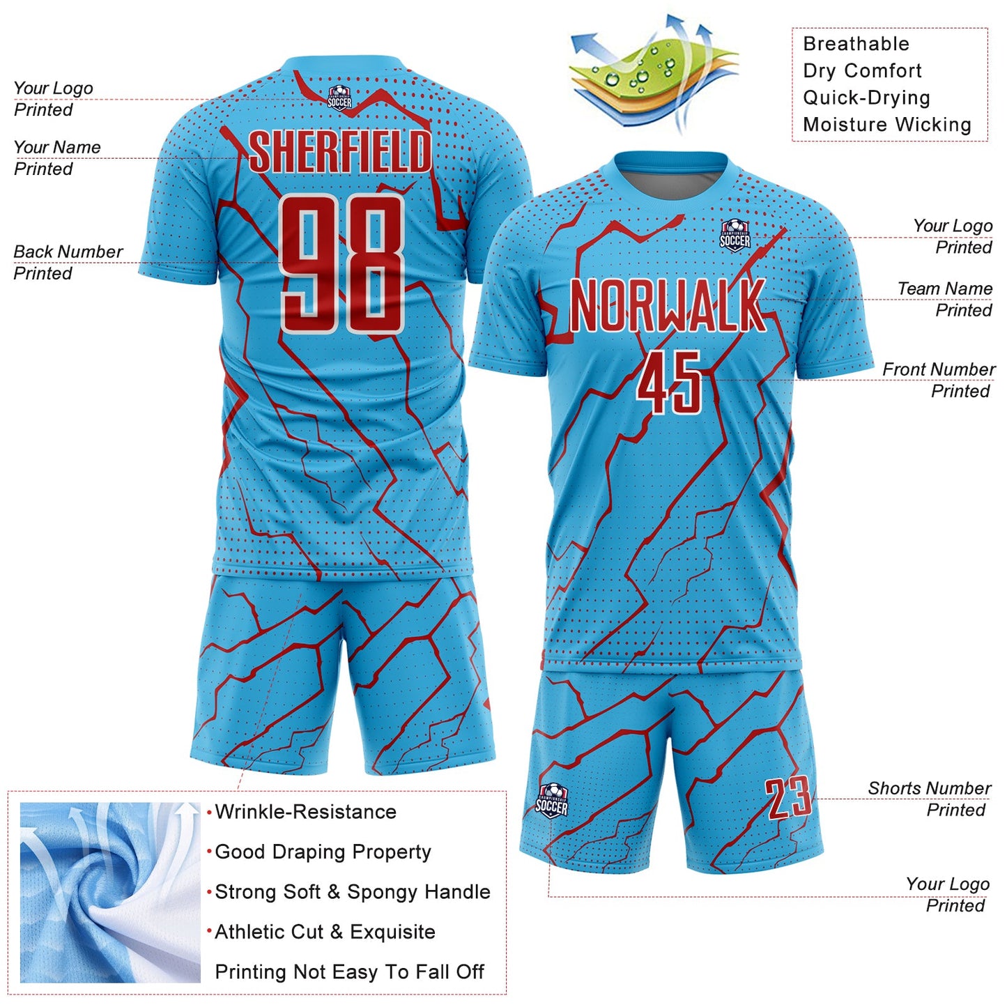 Custom Sky Blue Red-White Lightning Sports Sublimation Soccer Uniform Jersey view 4