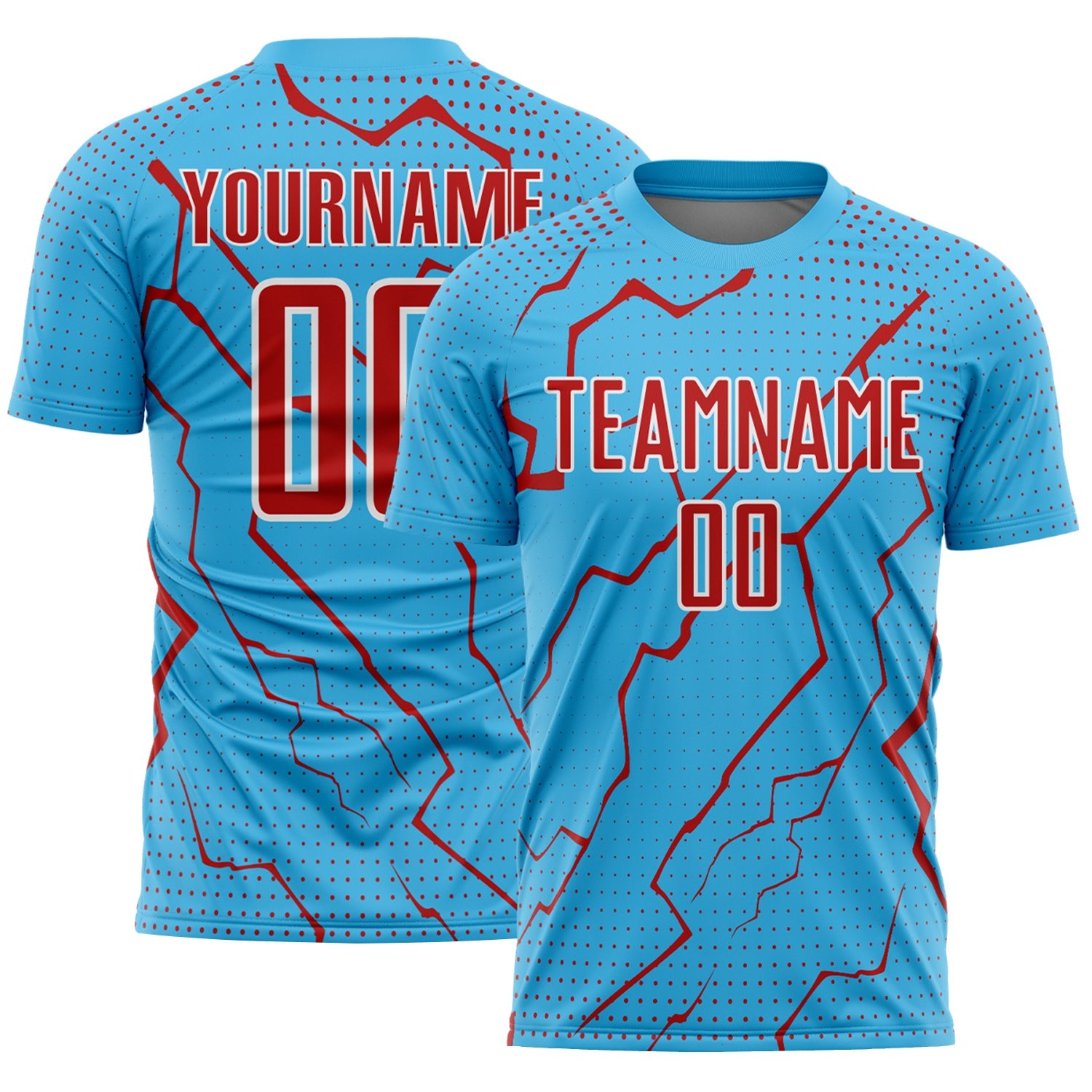 Custom Sky Blue Red-White Lightning Sports Sublimation Soccer Uniform Jersey - Main View