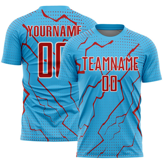 Custom Sky Blue Red-White Lightning Sports Sublimation Soccer Uniform Jersey - Main View