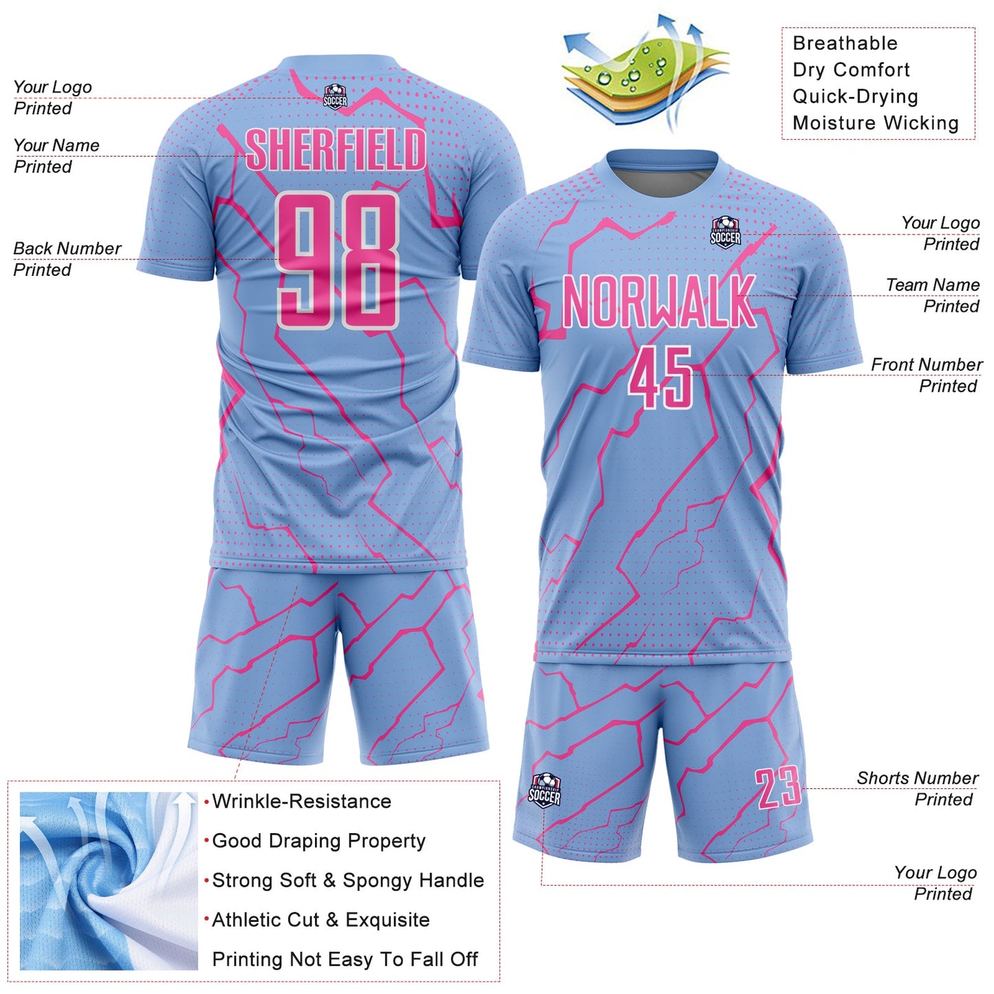 Custom Light Blue Pink-White Lightning Sports Sublimation Soccer Uniform Jersey view 4