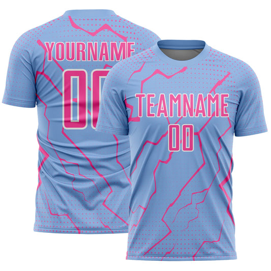 Custom Light Blue Pink-White Lightning Sports Sublimation Soccer Uniform Jersey - Main View