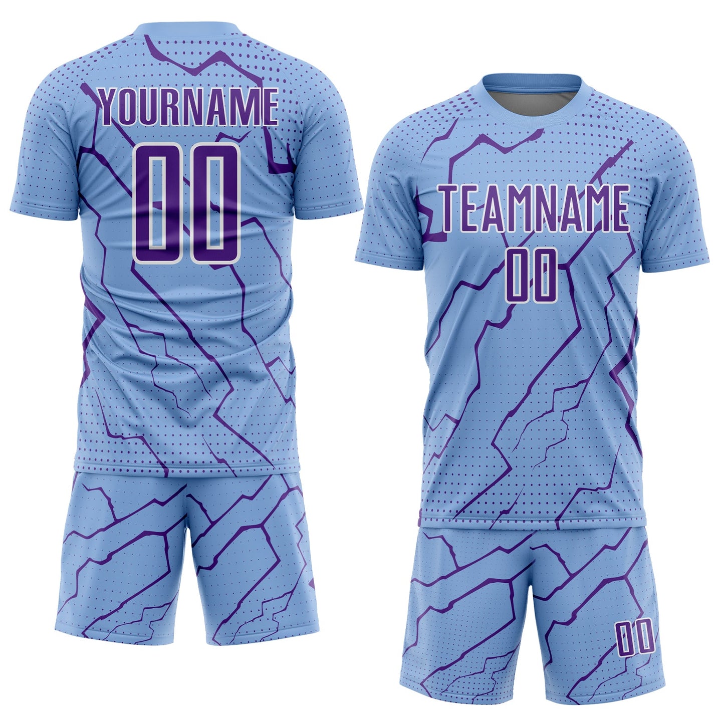 Custom Light Blue Purple-White Lightning Sports Sublimation Soccer Uniform Jersey view 2