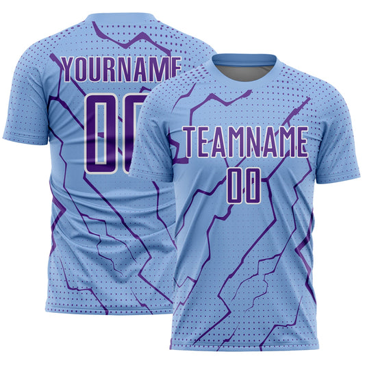 Custom Light Blue Purple-White Lightning Sports Sublimation Soccer Uniform Jersey - Main View