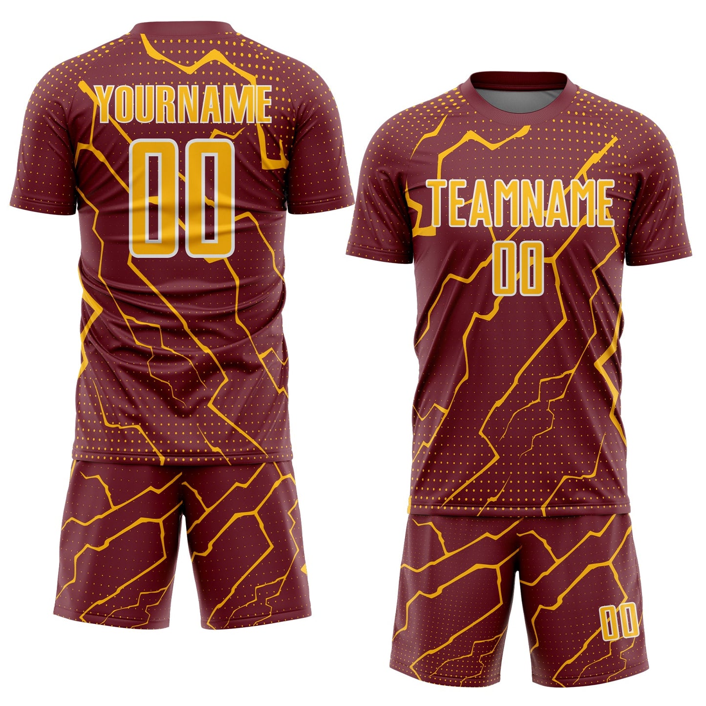 Custom Burgundy Gold-White Lightning Sports Sublimation Soccer Uniform Jersey view 2
