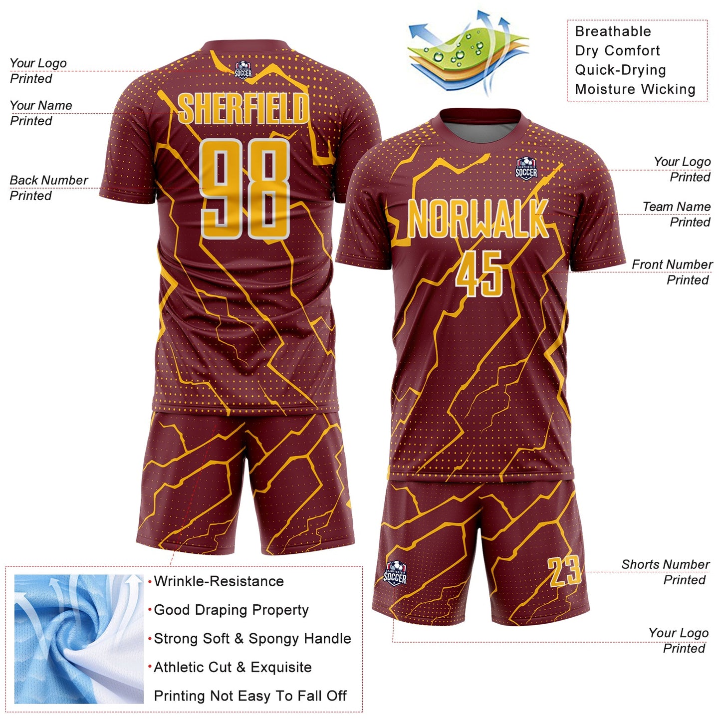 Custom Burgundy Gold-White Lightning Sports Sublimation Soccer Uniform Jersey view 4