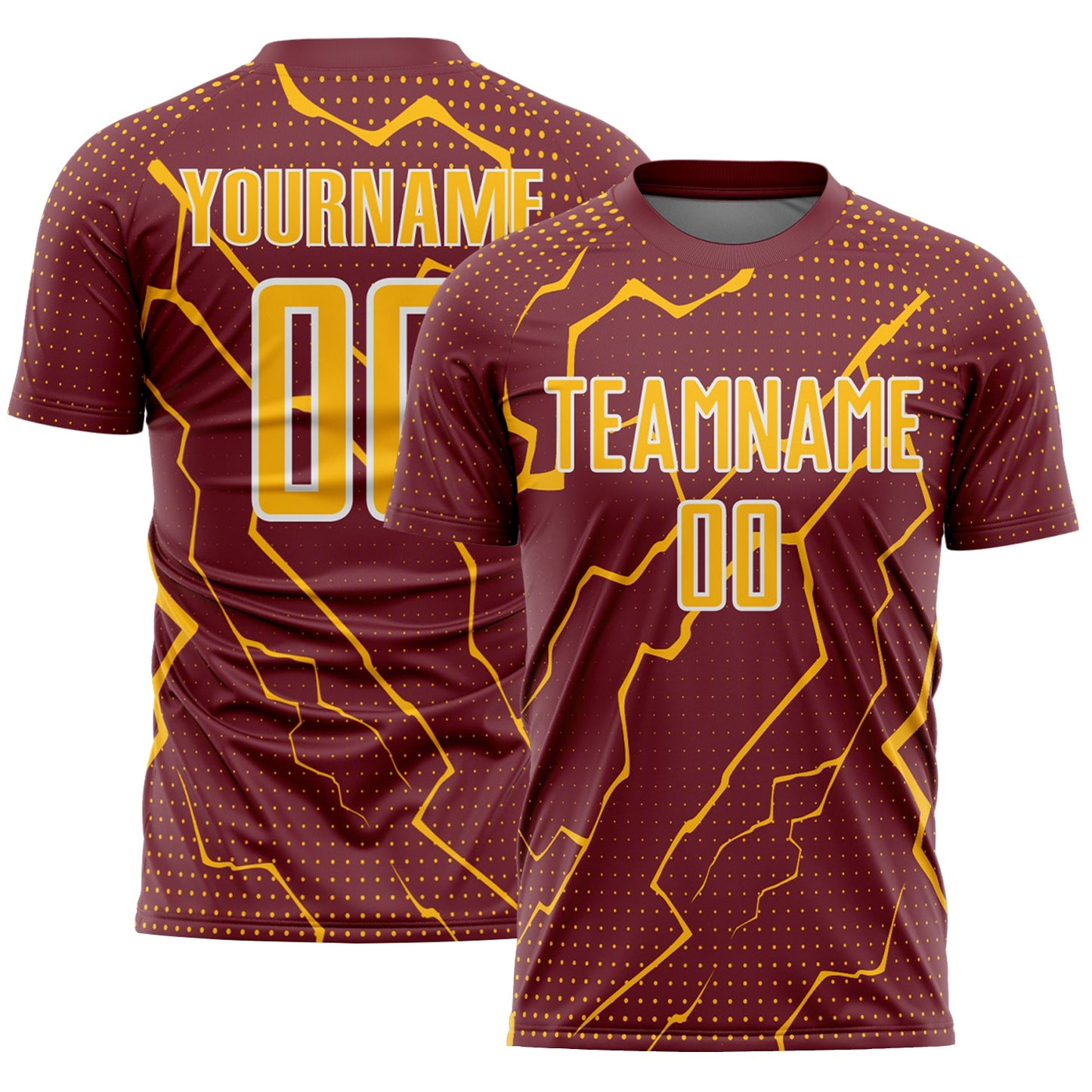 Custom Burgundy Gold-White Lightning Sports Sublimation Soccer Uniform Jersey - Main View