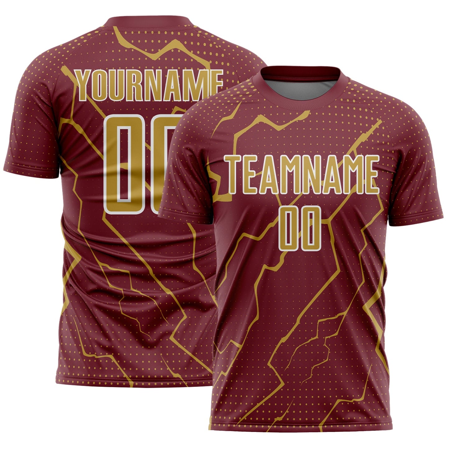 Custom Burgundy Old Gold-White Lightning Sports Sublimation Soccer Uniform Jersey - Main View
