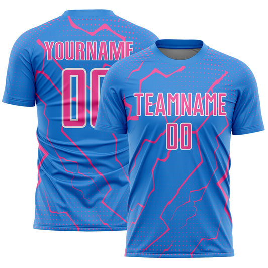 Custom Powder Blue Pink-White Lightning Sports Sublimation Soccer Uniform Jersey - Main View