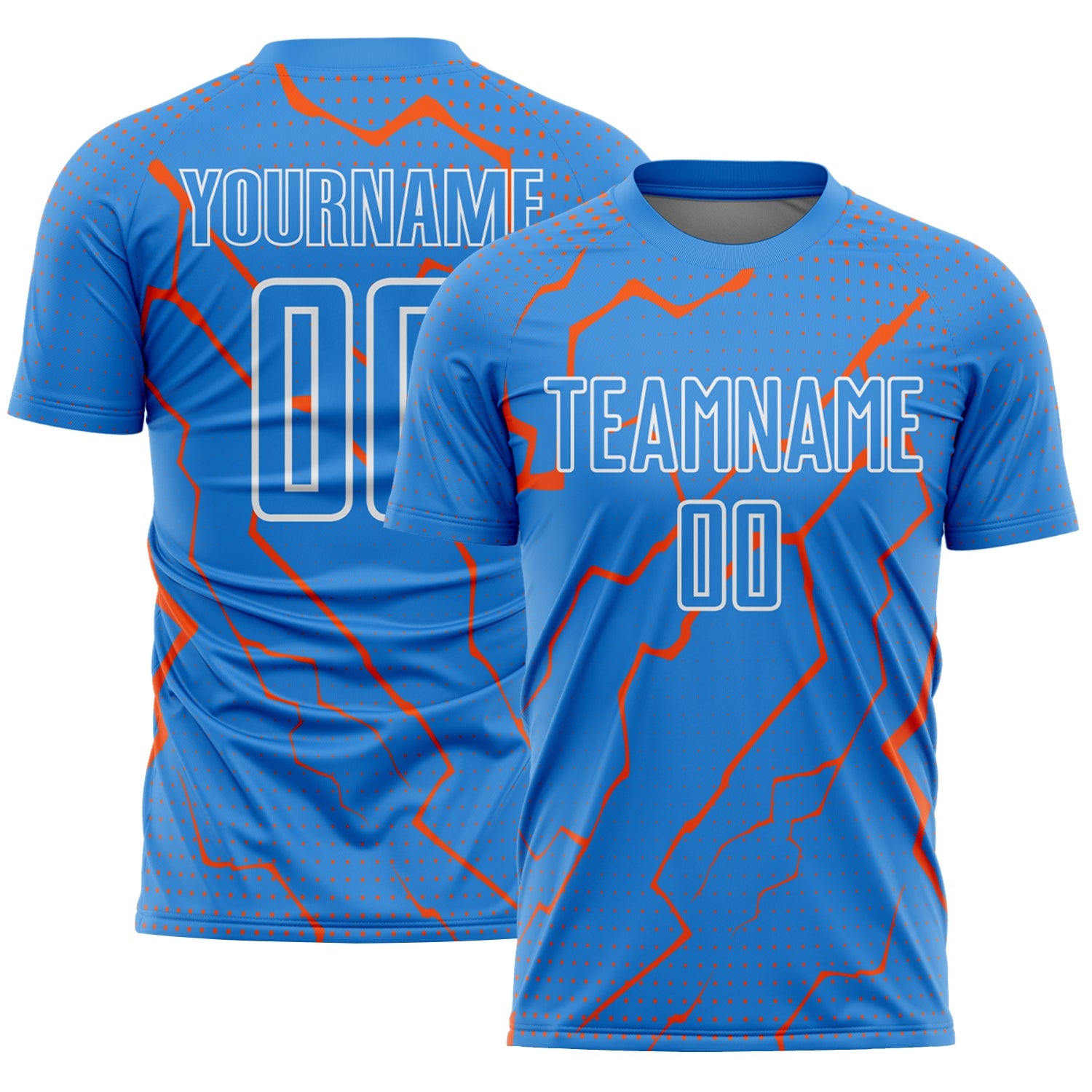 Custom Powder Blue Orange-White Lightning Sports Sublimation Soccer Uniform Jersey - Main View