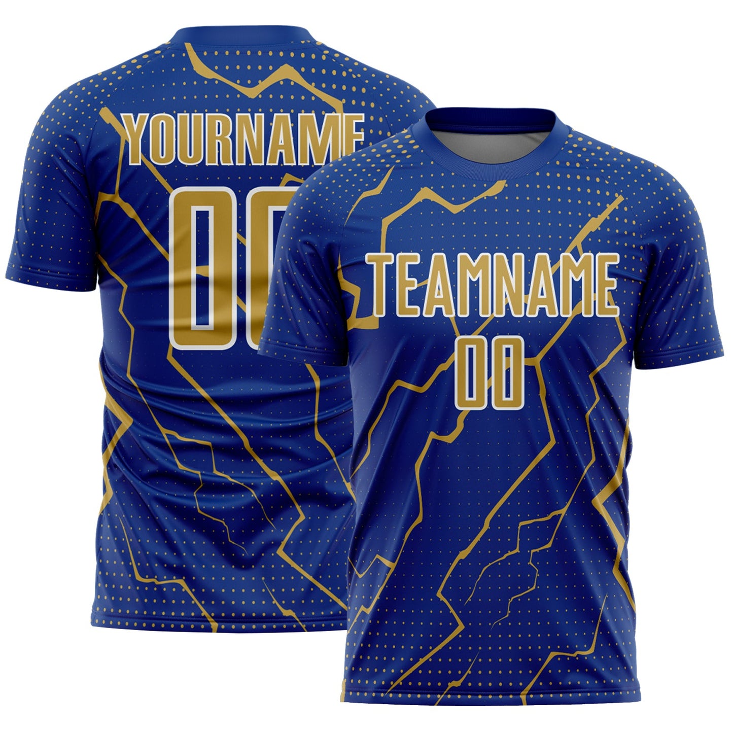 Custom Royal Old Gold-White Lightning Sports Sublimation Soccer Uniform Jersey - Main View