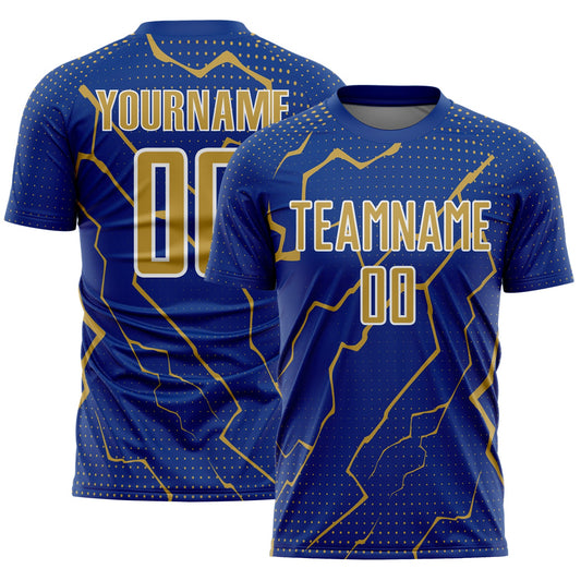 Custom Royal Old Gold-White Lightning Sports Sublimation Soccer Uniform Jersey - Main View