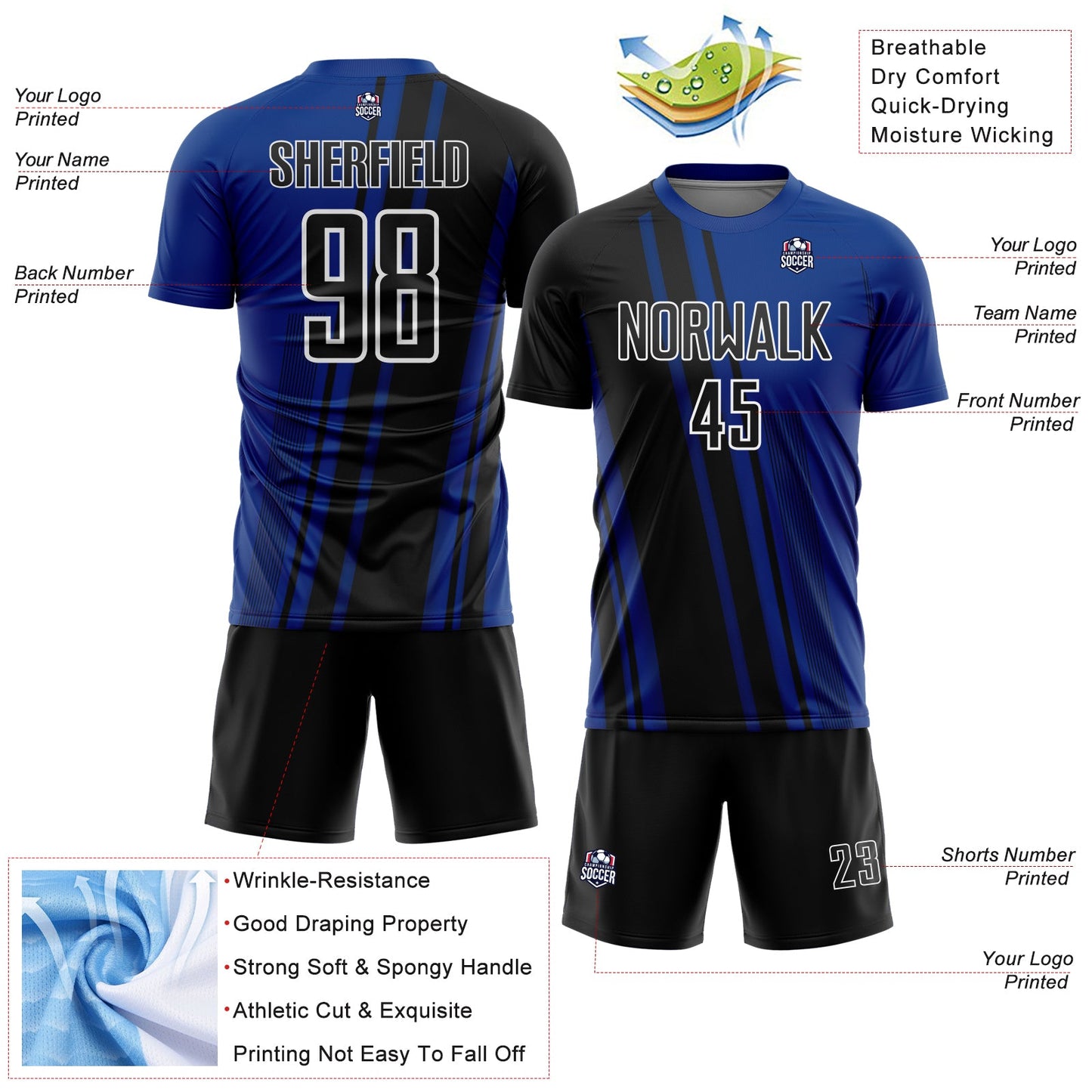 Custom Royal Black-White Lines Sports Sublimation Soccer Uniform Jersey view 4