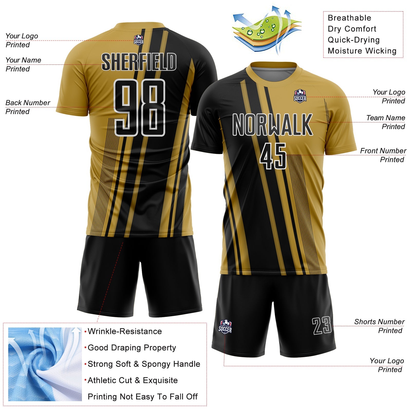 Custom Old Gold Black-White Lines Sports Sublimation Soccer Uniform Jersey view 4
