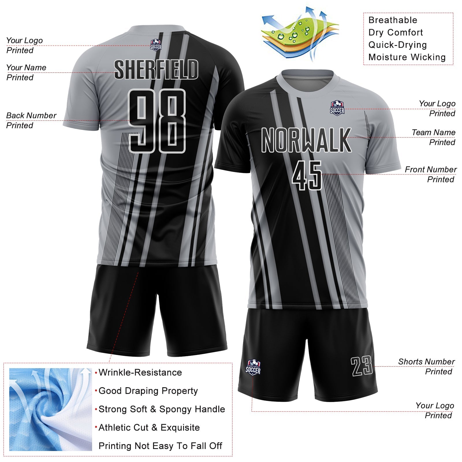 Custom Gray Black-White Lines Sports Sublimation Soccer Uniform Jersey view 4
