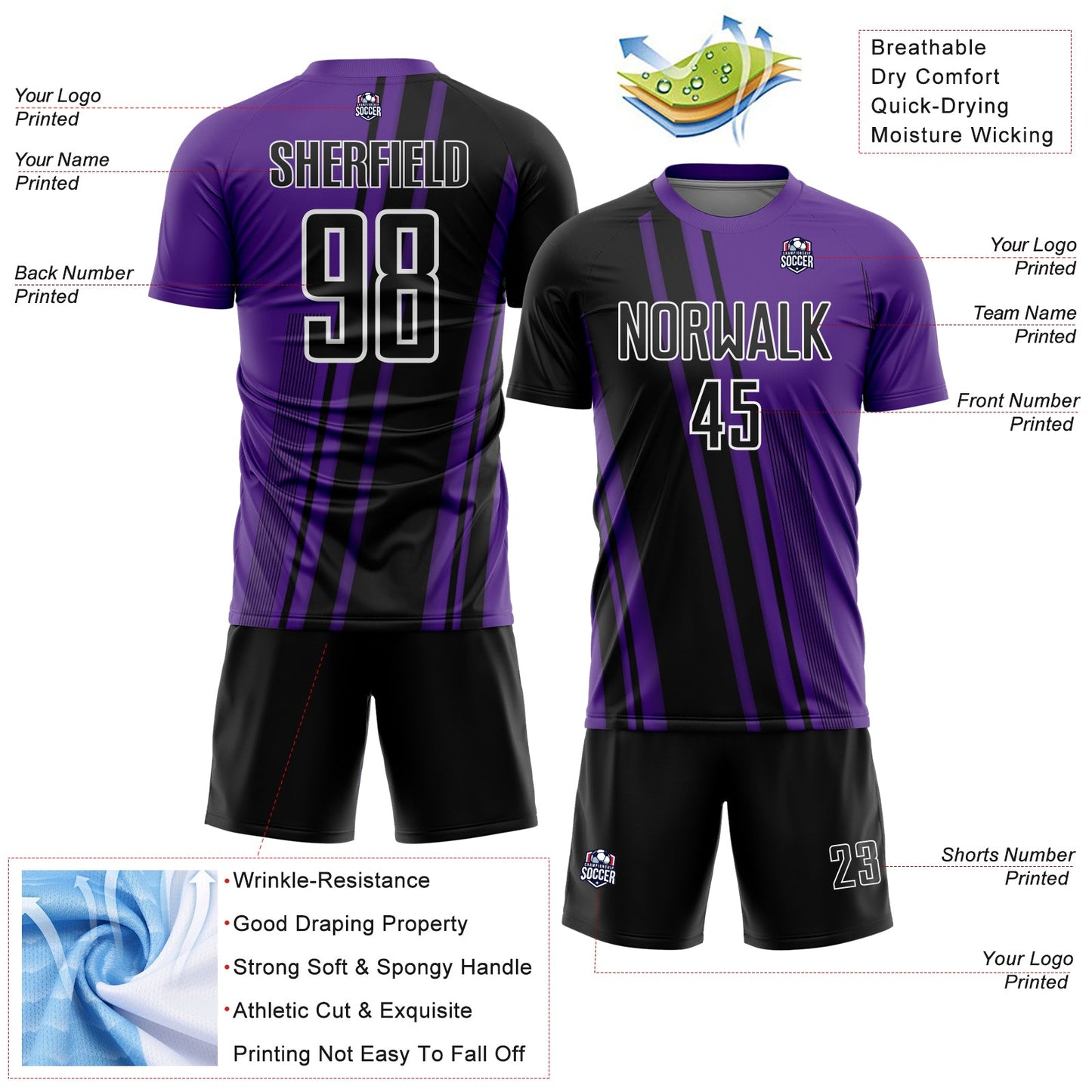 Custom Purple Black-White Lines Sports Sublimation Soccer Uniform Jersey view 4