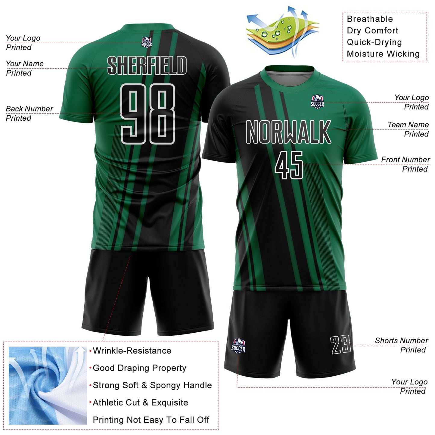 Custom Kelly Green Black-White Lines Sports Sublimation Soccer Uniform Jersey view 4