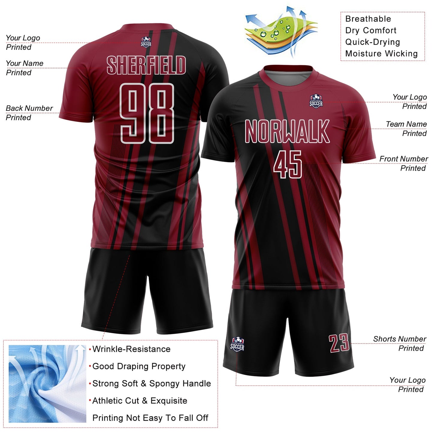 Custom Crimson Black-White Lines Sports Sublimation Soccer Uniform Jersey view 4