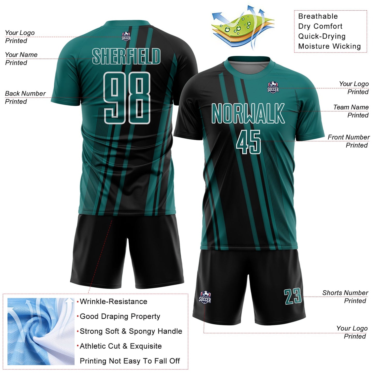 Custom Teal Black-White Lines Sports Sublimation Soccer Uniform Jersey view 4