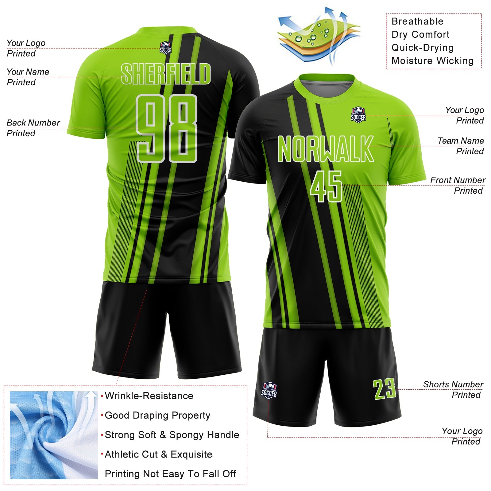 Custom Neon Green Black-White Lines Sports Sublimation Soccer Uniform Jersey view 4