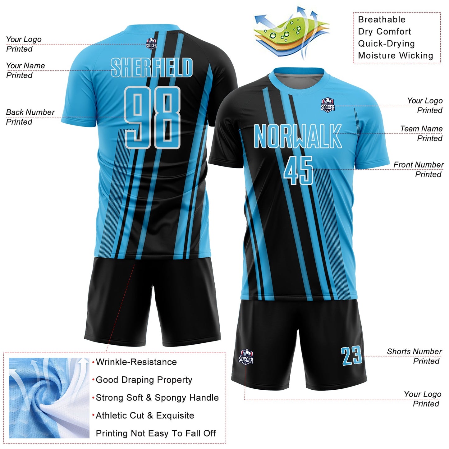 Custom Sky Blue Black-White Lines Sports Sublimation Soccer Uniform Jersey view 4