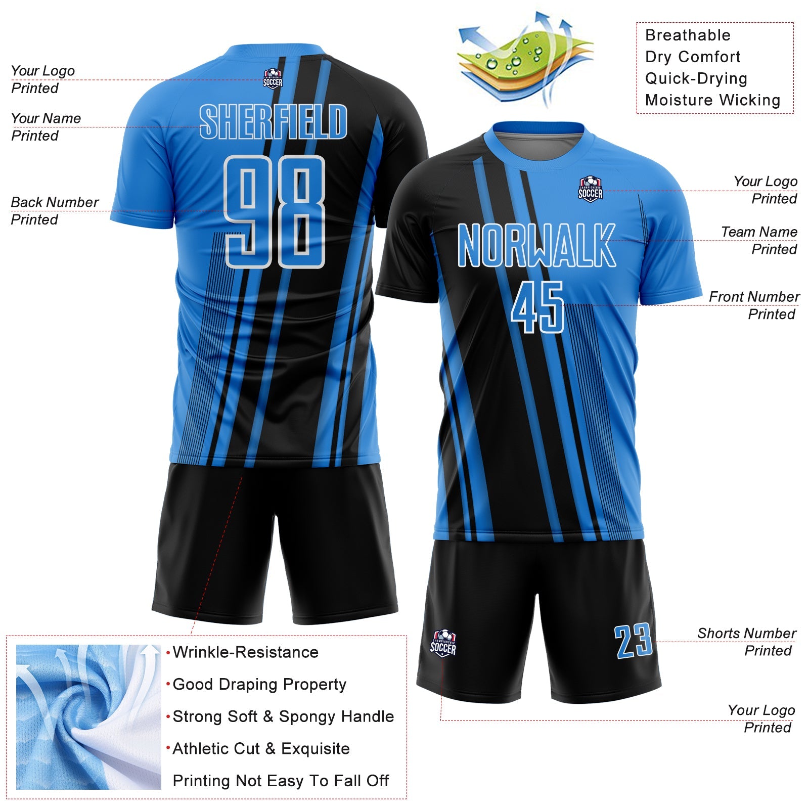 Custom Powder Blue Black-White Lines Sports Sublimation Soccer Uniform Jersey view 4