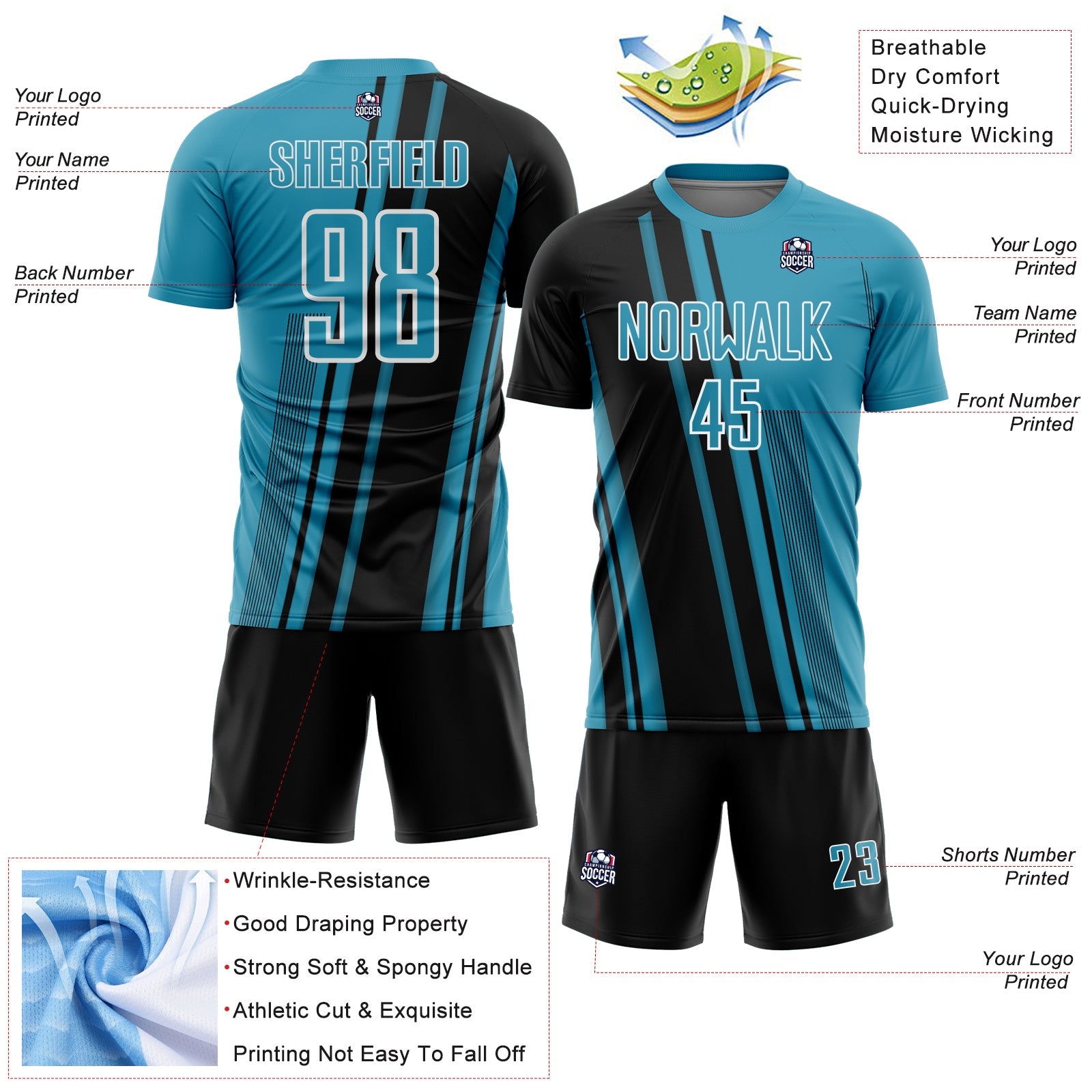 Custom Panther Blue Black-White Lines Sports Sublimation Soccer Uniform Jersey view 4