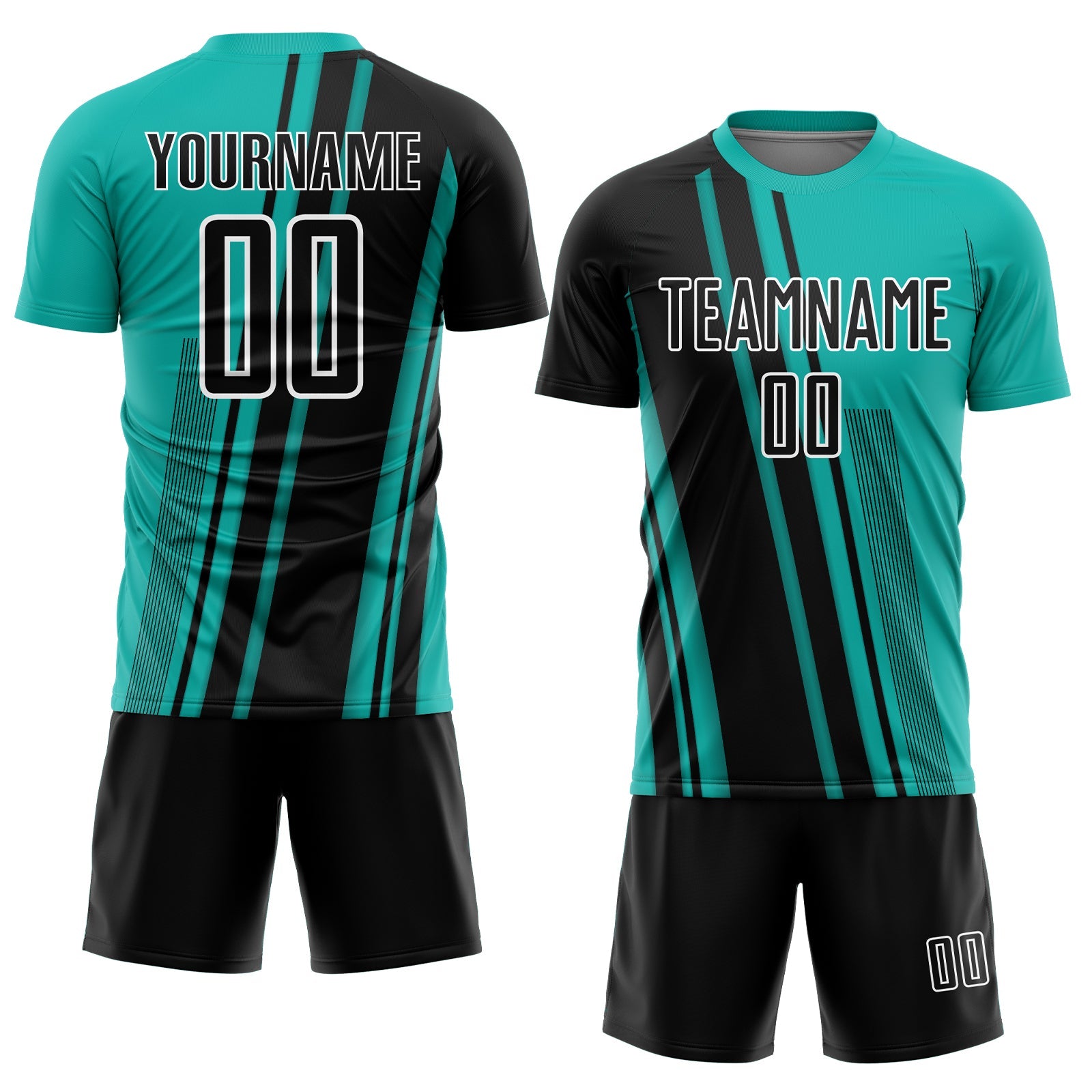 Custom Aqua Black-White Lines Sports Sublimation Soccer Uniform Jersey view 2