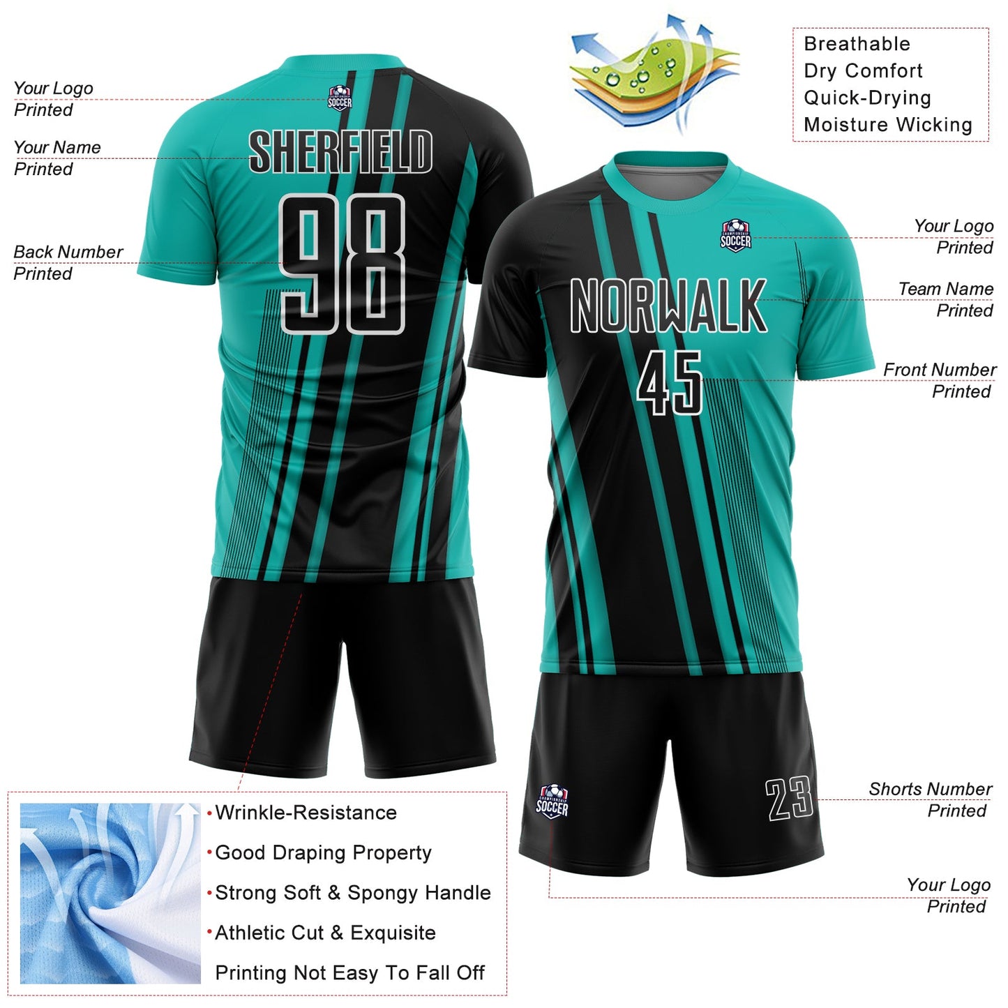 Custom Aqua Black-White Lines Sports Sublimation Soccer Uniform Jersey view 4