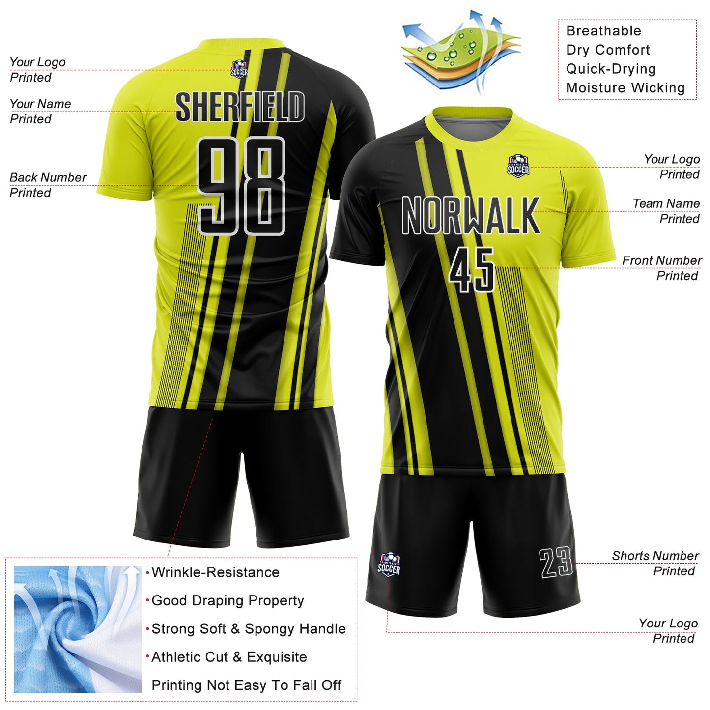 Custom Neon Yellow Black-White Lines Sports Sublimation Soccer Uniform Jersey view 4