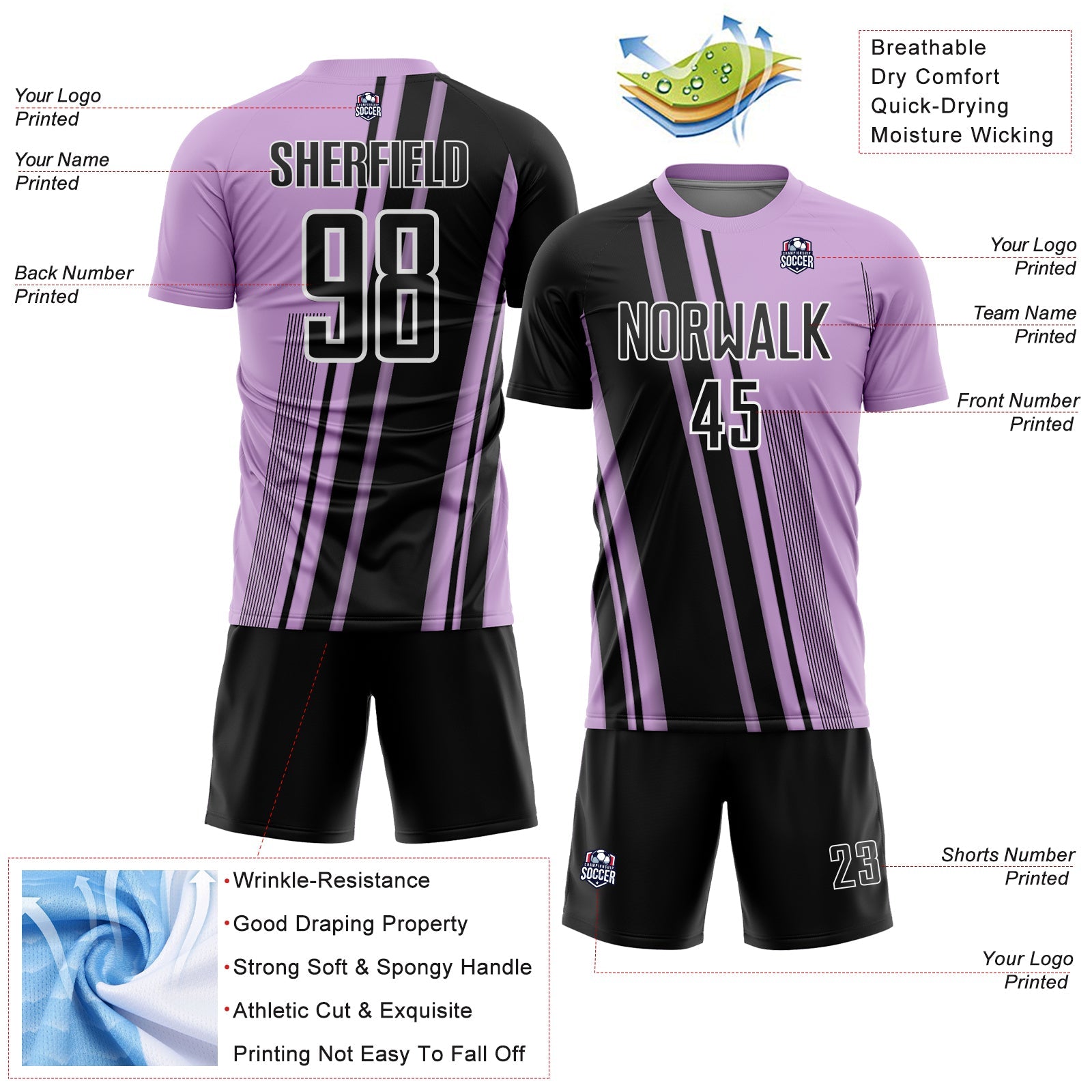 Custom Light Purple Black-White Lines Sports Sublimation Soccer Uniform Jersey view 4