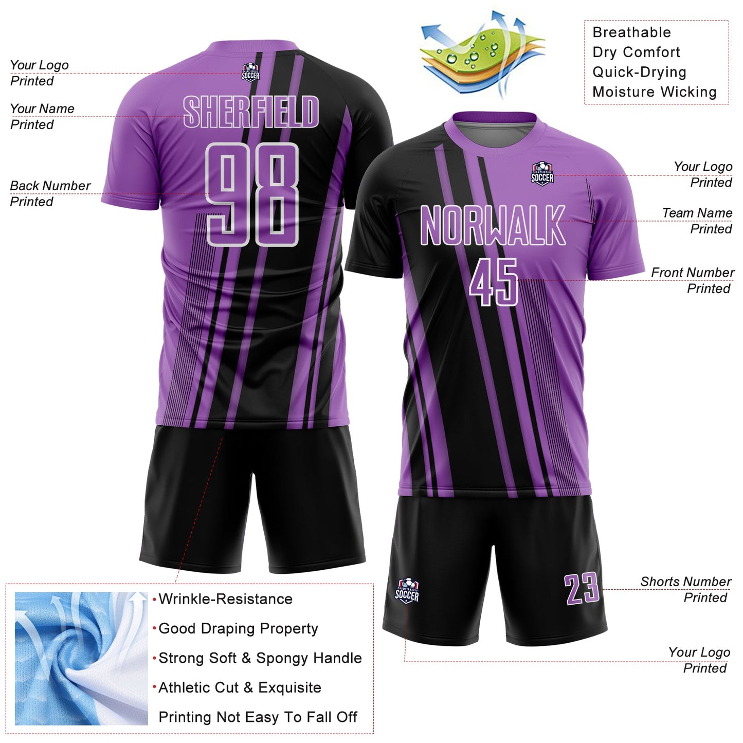 Custom Medium Purple Black-White Lines Sports Sublimation Soccer Uniform Jersey view 4