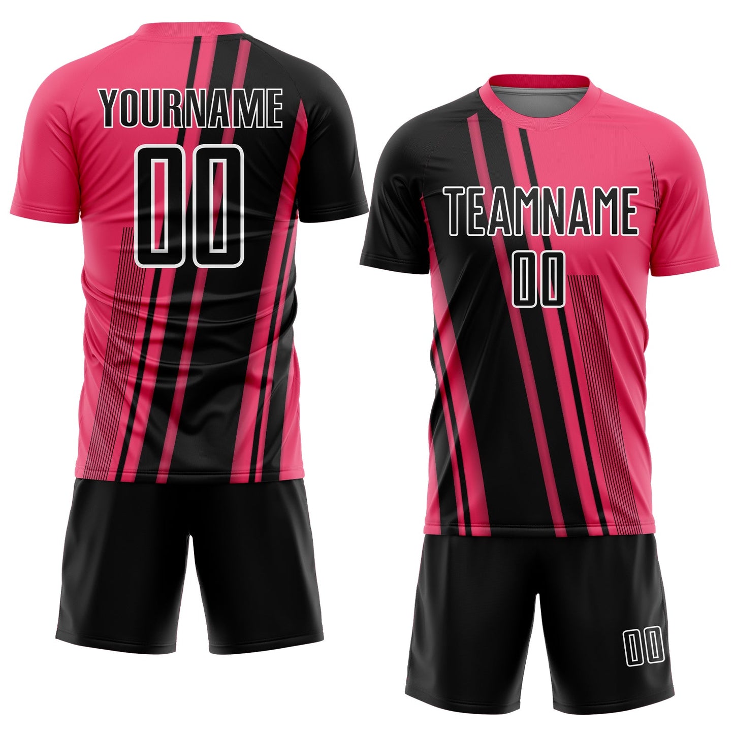 Custom Neon Pink Black-White Lines Sports Sublimation Soccer Uniform Jersey view 2