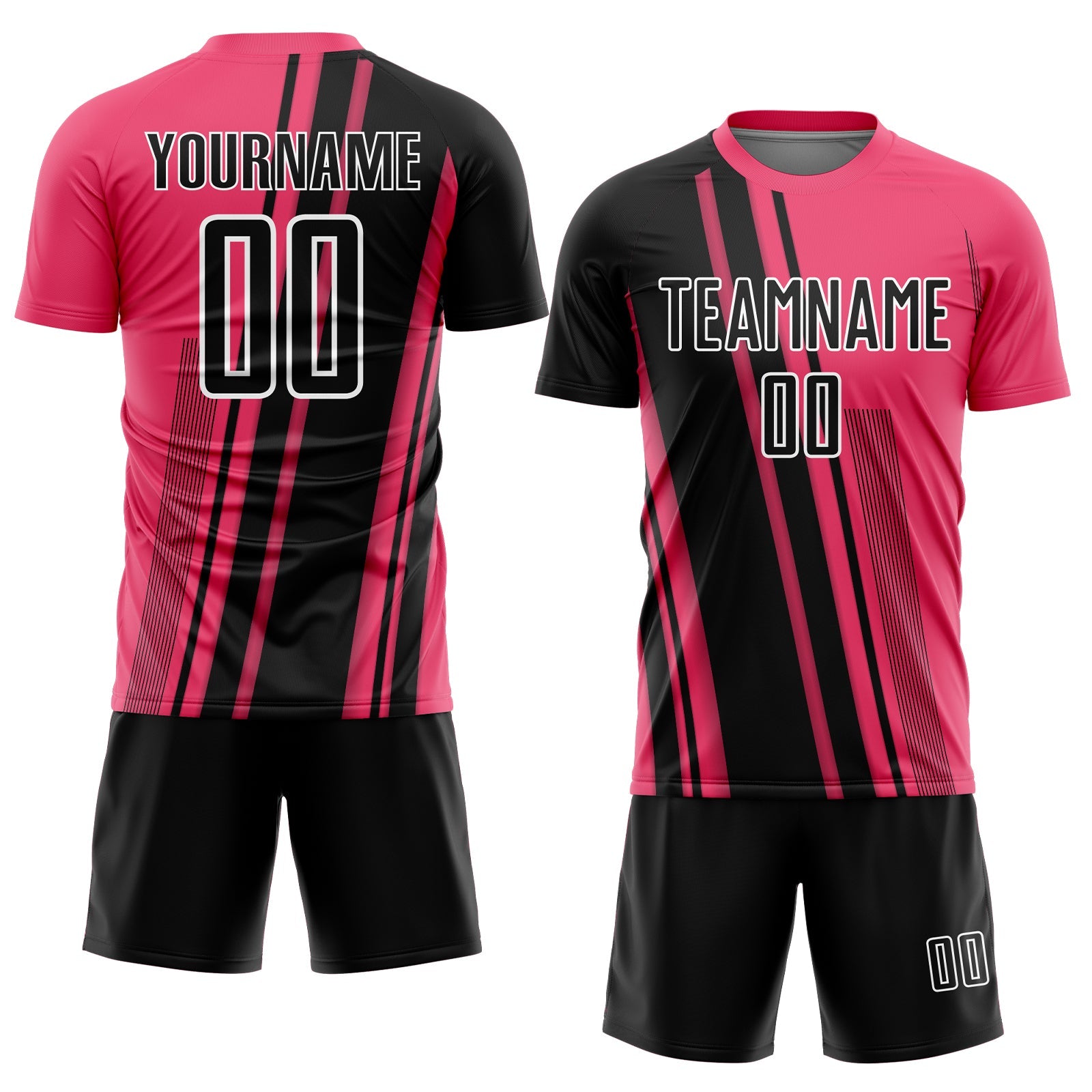 Custom Neon Pink Black-White Lines Sports Sublimation Soccer Uniform Jersey view 2