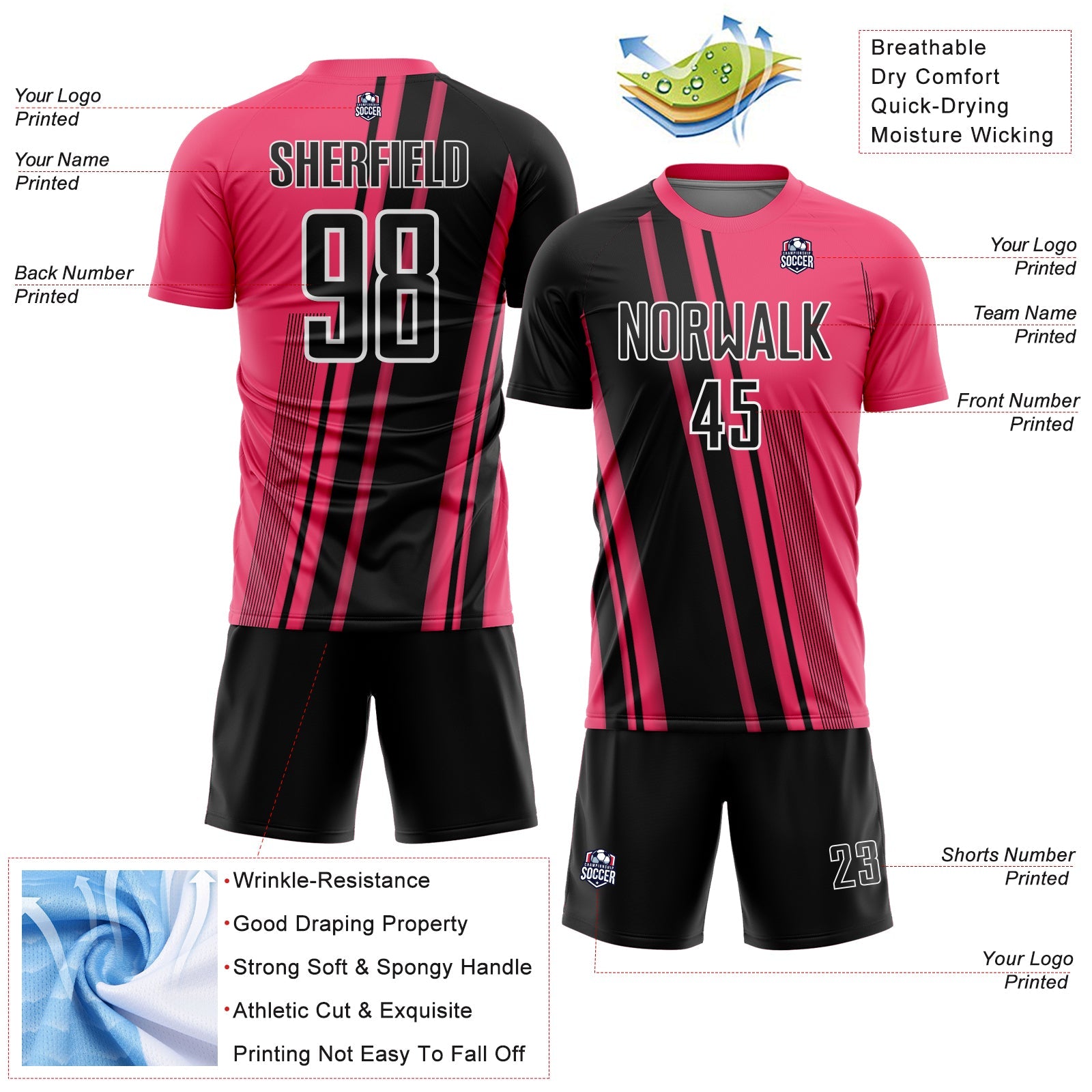 Custom Neon Pink Black-White Lines Sports Sublimation Soccer Uniform Jersey view 4