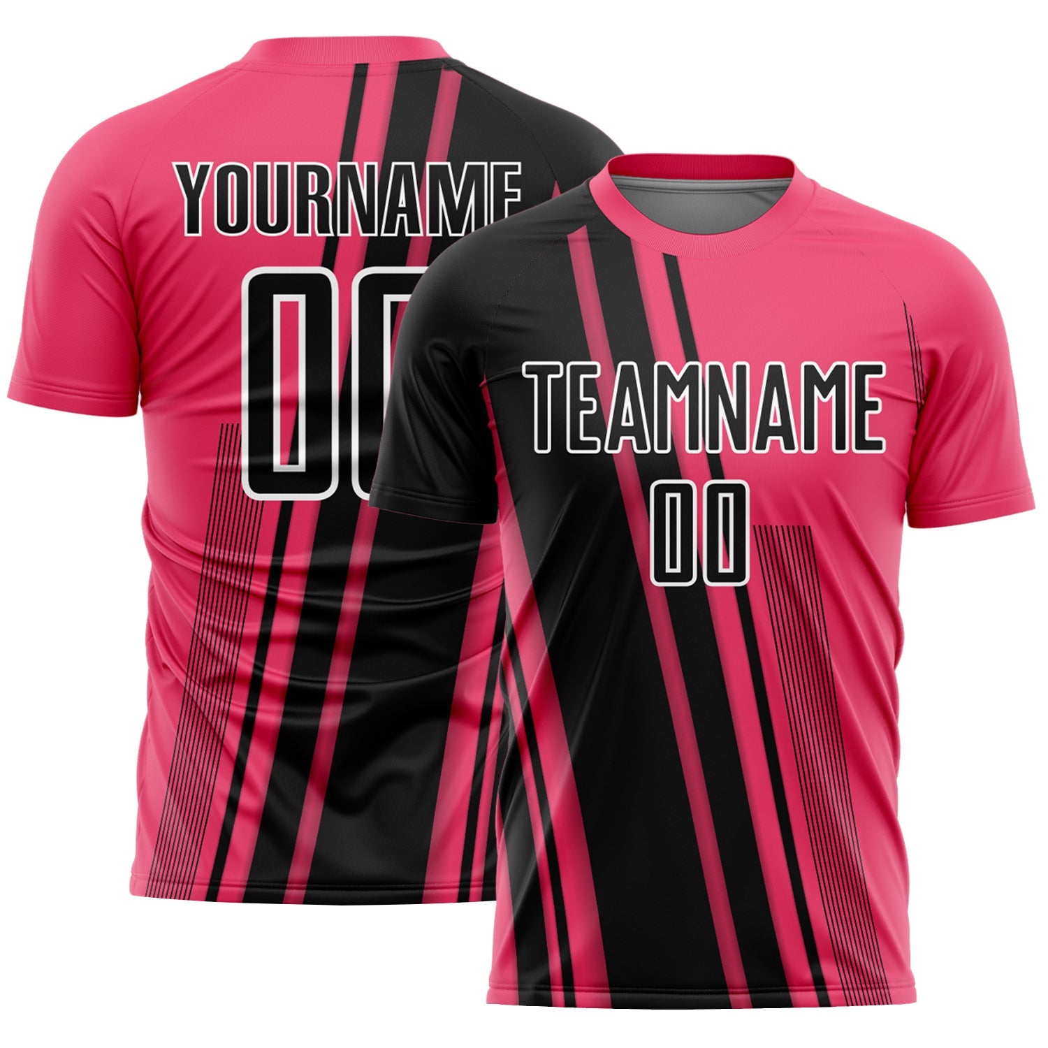 Custom Neon Pink Black-White Lines Sports Sublimation Soccer Uniform Jersey - Main View