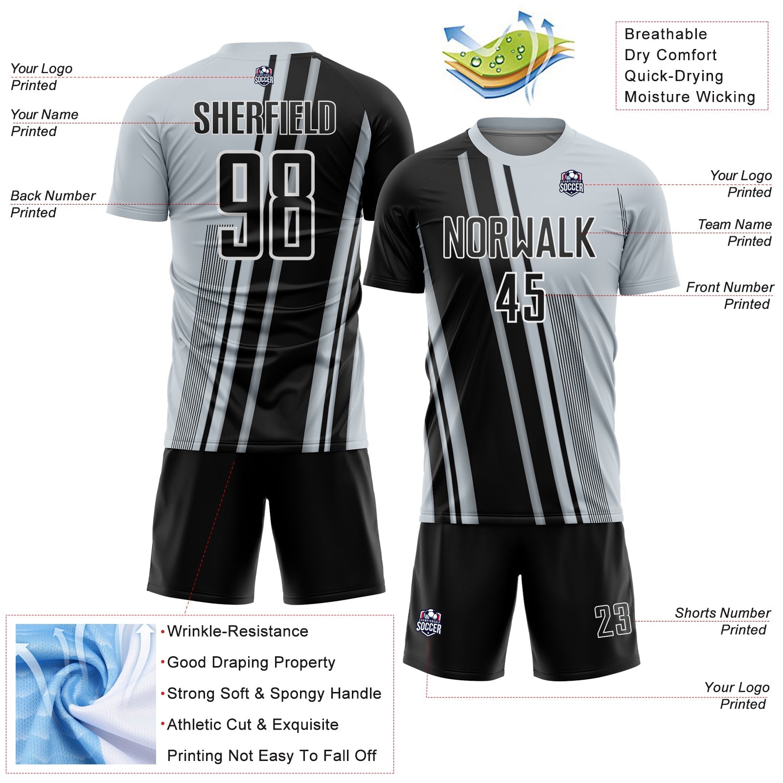 Custom Silver Black-White Lines Sports Sublimation Soccer Uniform Jersey view 4
